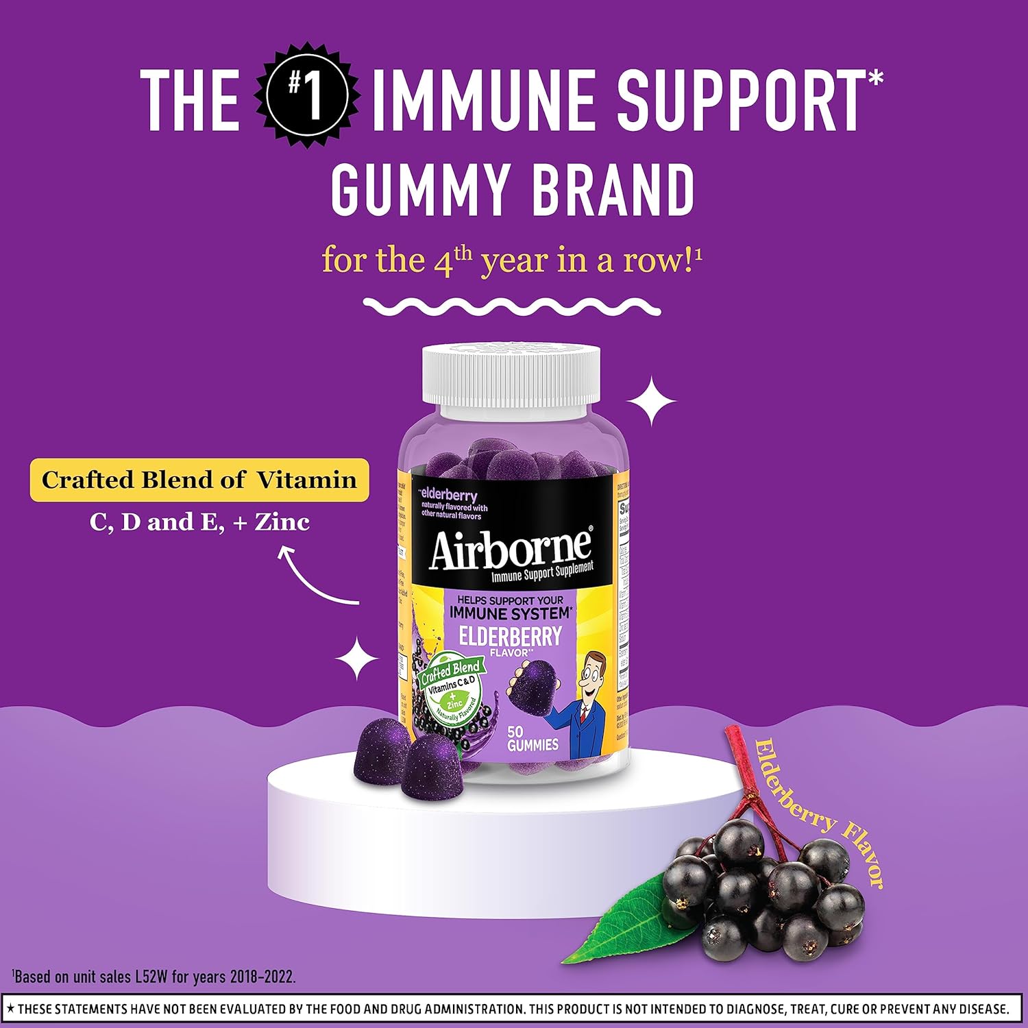 Elderberry + Zinc Immune Support Gummies for Adults - Vitamin C, D, E Antioxidants - 50 Count, Elderberry Flavor