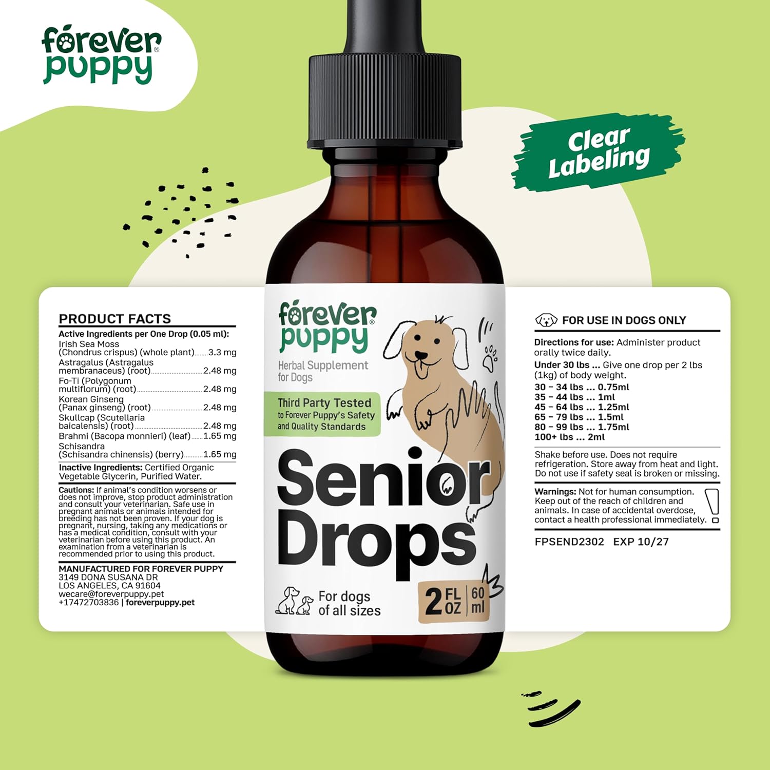 Elderly Dogs Immune & Brain Support Drops - Vitamins for Senior Pets - All Breeds & Sizes - 2 oz