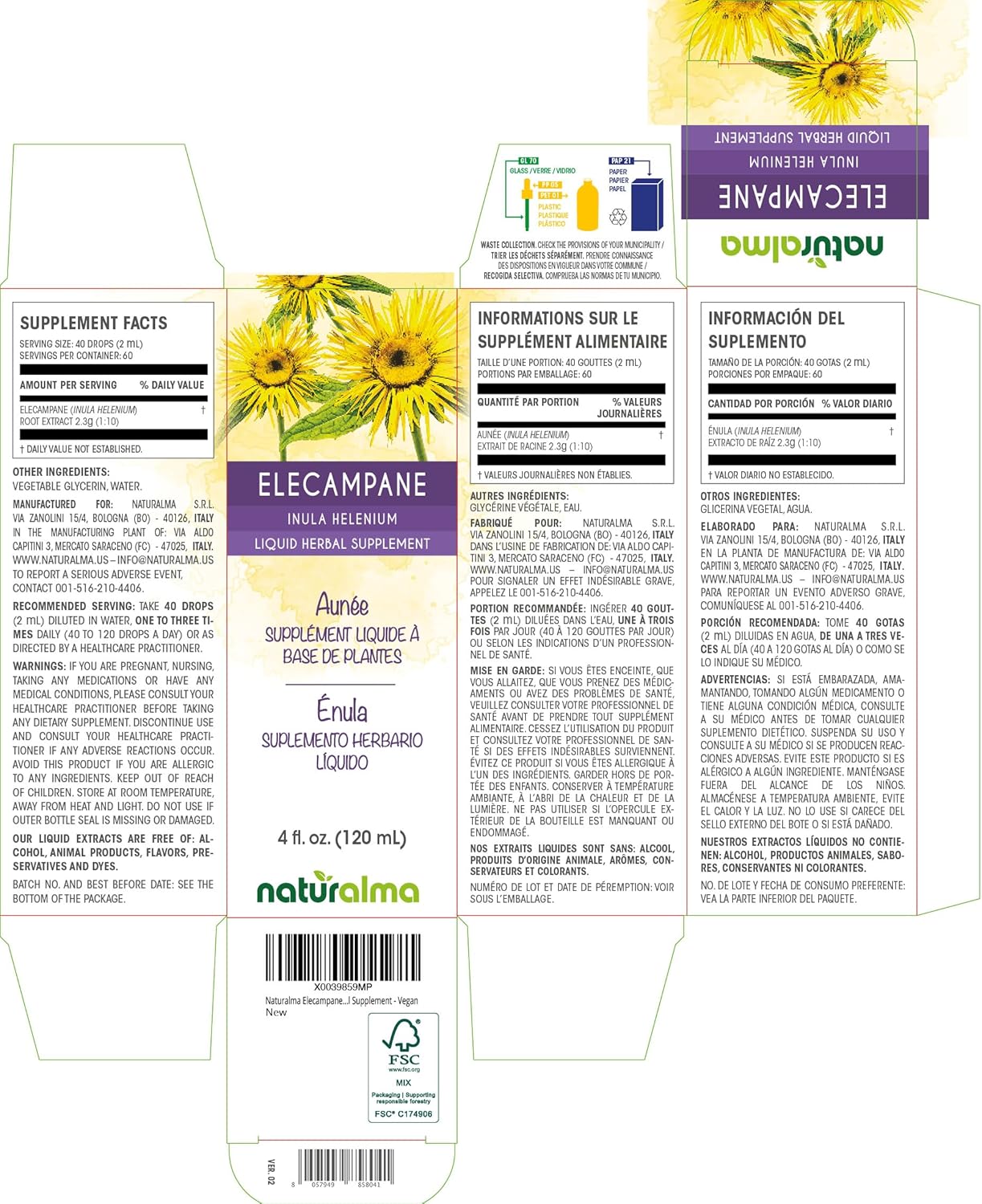 Elecampane Root Alcohol-Free Tincture - 4 fl oz Liquid Extract Drops - Vegan Herbal Supplement