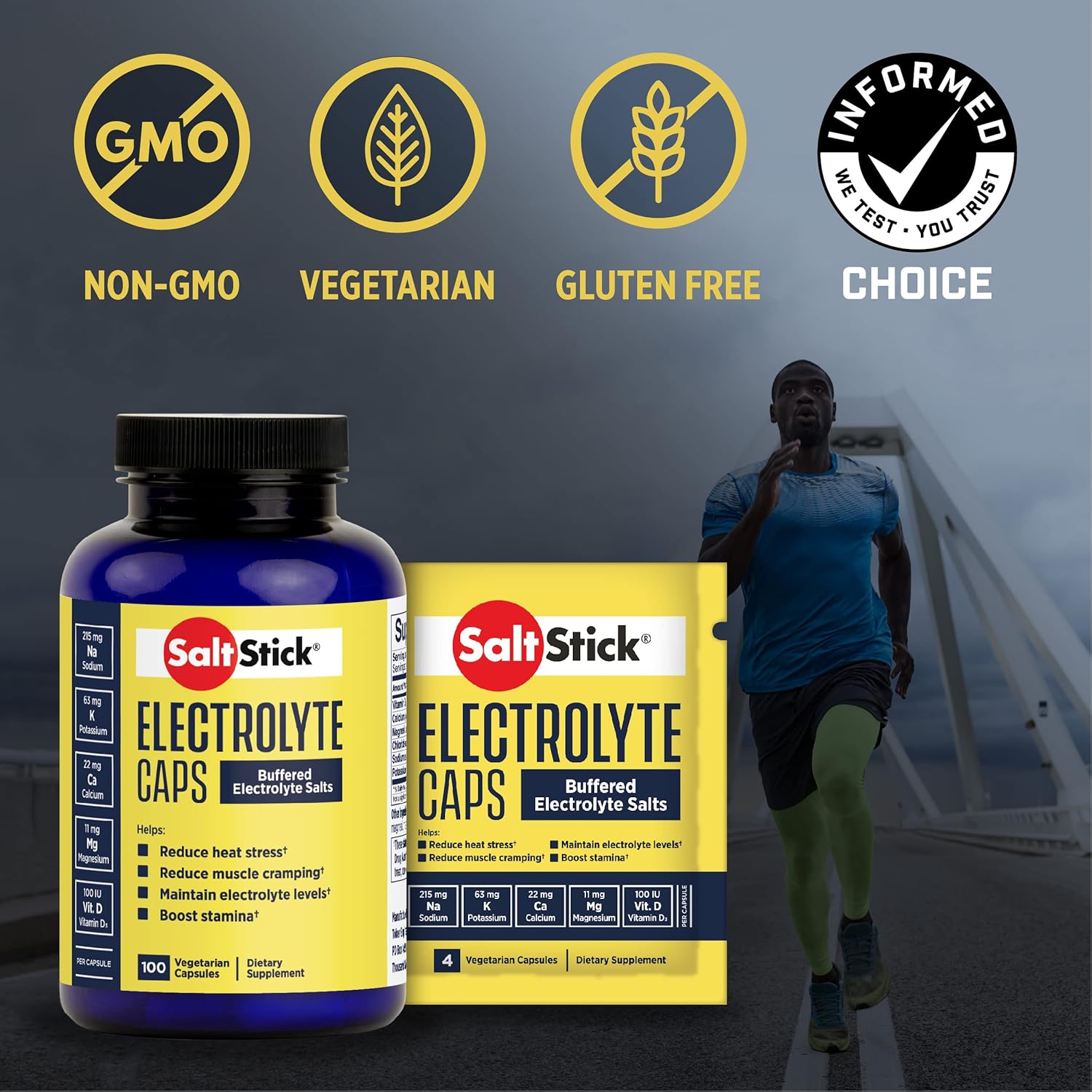 Electrolyte Capsules for Running and Hydration - Salt Pills with Magnesium, Potassium, Vitamin D3 - Leg Cramps Relief and Sports Recovery - 24 Packets, 4 Capsules/Packet