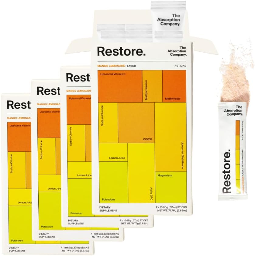 Electrolyte Powder Packets with Glutathione, Vitamin C & B Vitamins - Mango Lemonade Flavor - 28 Sticks - Workout Recovery & Hydration Drink Mix by The Absorption Company Restore