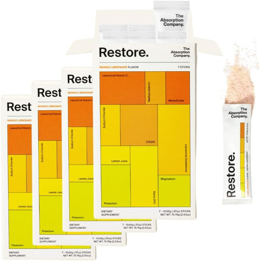 Electrolyte Powder Packets with Glutathione, Vitamin C & B Vitamins - Mango Lemonade Flavor - 28 Sticks - Workout Recovery & Hydration Drink Mix by The Absorption Company Restore