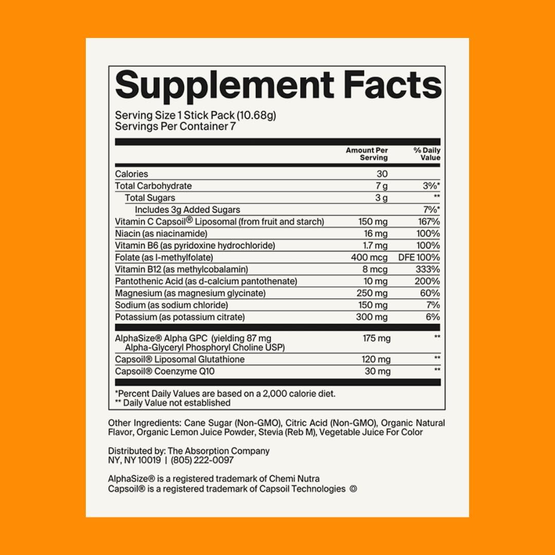 Electrolyte Powder Packets with Glutathione, Vitamin C & B Vitamins - Mango Lemonade Flavor - 28 Sticks - Workout Recovery & Hydration Drink Mix by The Absorption Company Restore