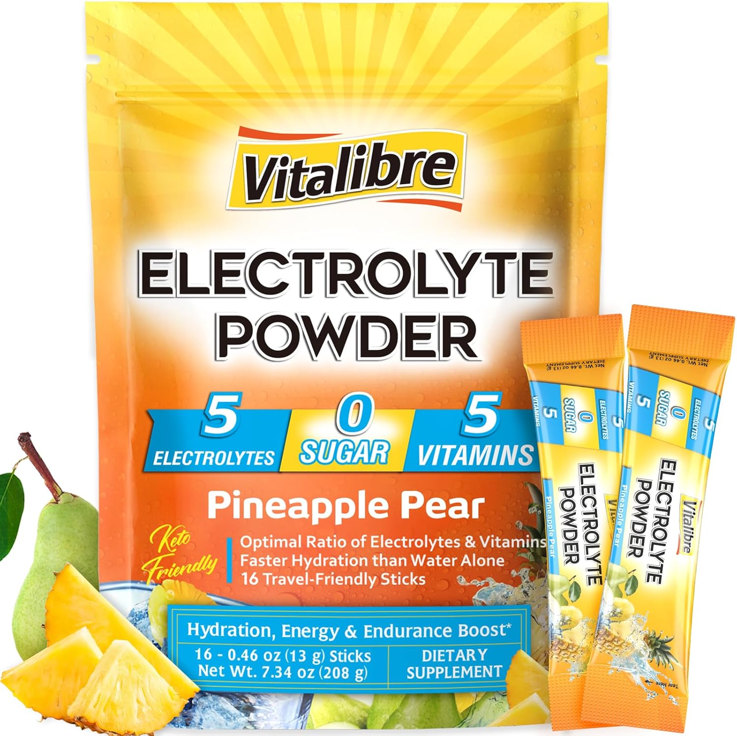 Electrolyte Powder Packets with Magnesium, Potassium, Sodium, Vitamin C for Rapid Hydration - Zero Sugar & Keto - Pineapple Pear Flavor - 16 Stick Packs
