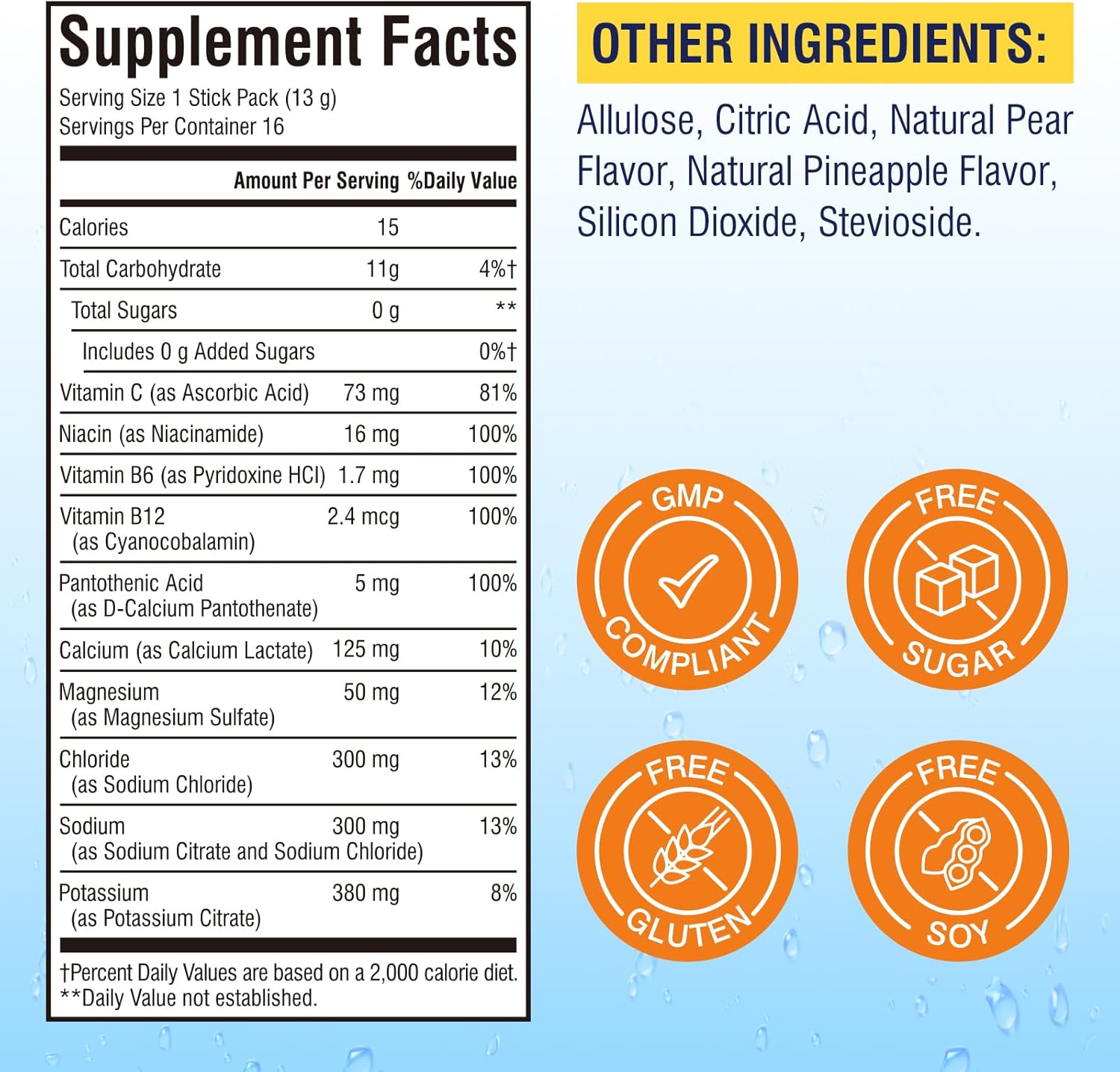 Electrolyte Powder Packets with Magnesium, Potassium, Sodium, Vitamin C for Rapid Hydration - Zero Sugar & Keto - Pineapple Pear Flavor - 16 Stick Packs