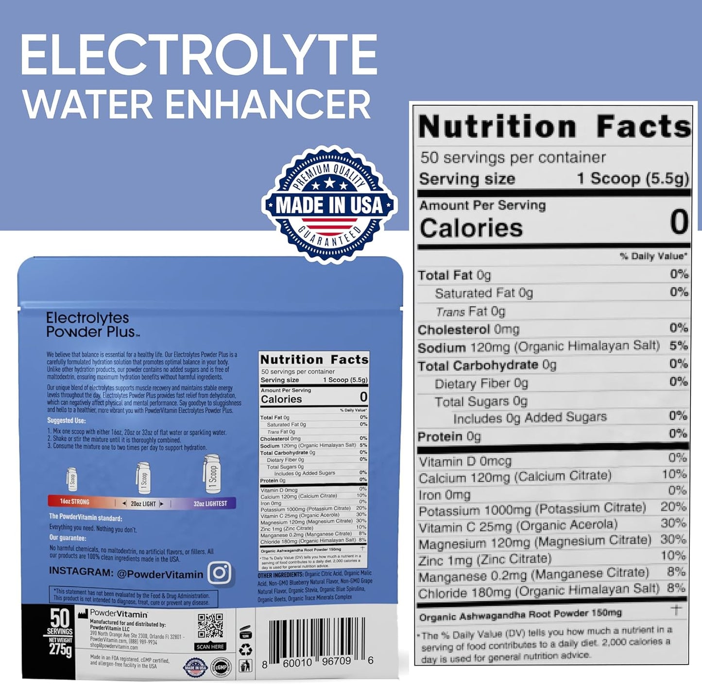 Electrolyte Powder with Vitamins, 0 Calorie Keto Hydration Powder - Blueberry Grape Flavor, 50 Servings, 1000mg Potassium, 120mg Calcium, 120mg Magnesium - No Sugar or Maltodextrin