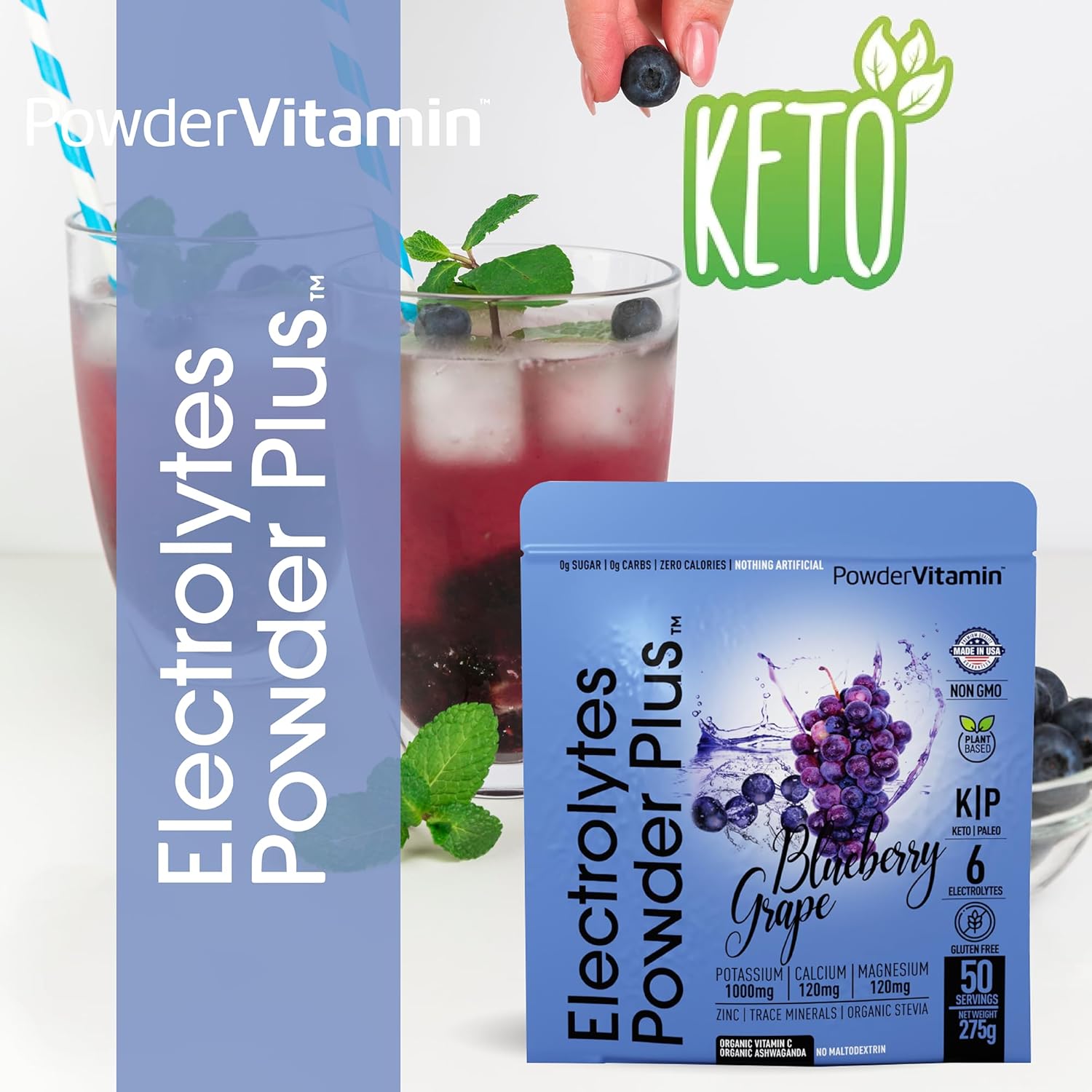 Electrolyte Powder with Vitamins, 0 Calorie Keto Hydration Powder - Blueberry Grape Flavor, 50 Servings, 1000mg Potassium, 120mg Calcium, 120mg Magnesium - No Sugar or Maltodextrin