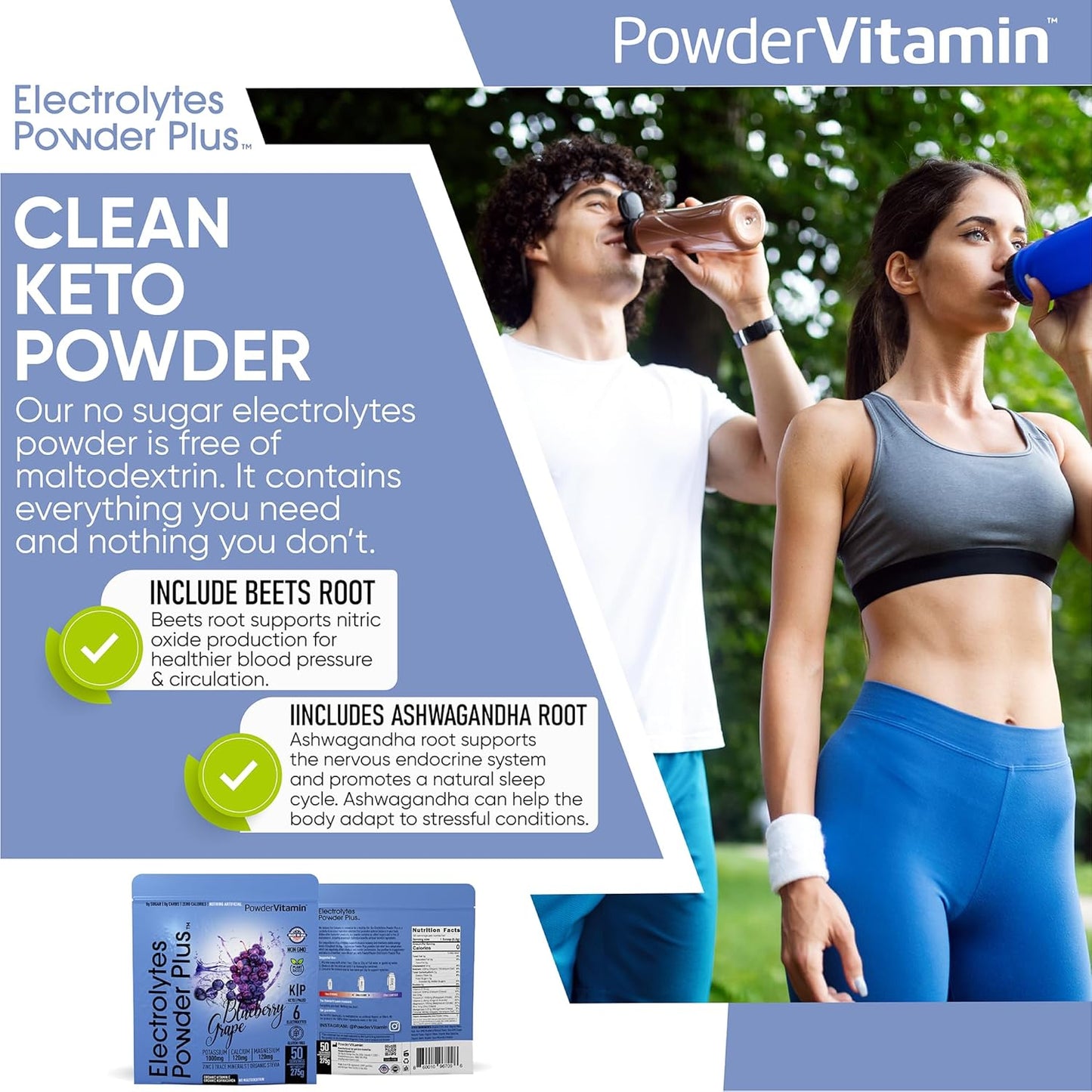 Electrolyte Powder with Vitamins, 0 Calorie Keto Hydration Powder - Blueberry Grape Flavor, 50 Servings, 1000mg Potassium, 120mg Calcium, 120mg Magnesium - No Sugar or Maltodextrin