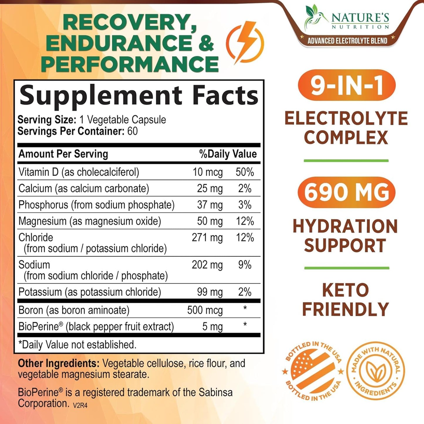 Electrolyte Tablets for Endurance Sports Nutrition - Hydration Supplement with Vitamin D, Potassium, Magnesium, Sodium - Keto-Friendly - 60 Capsules