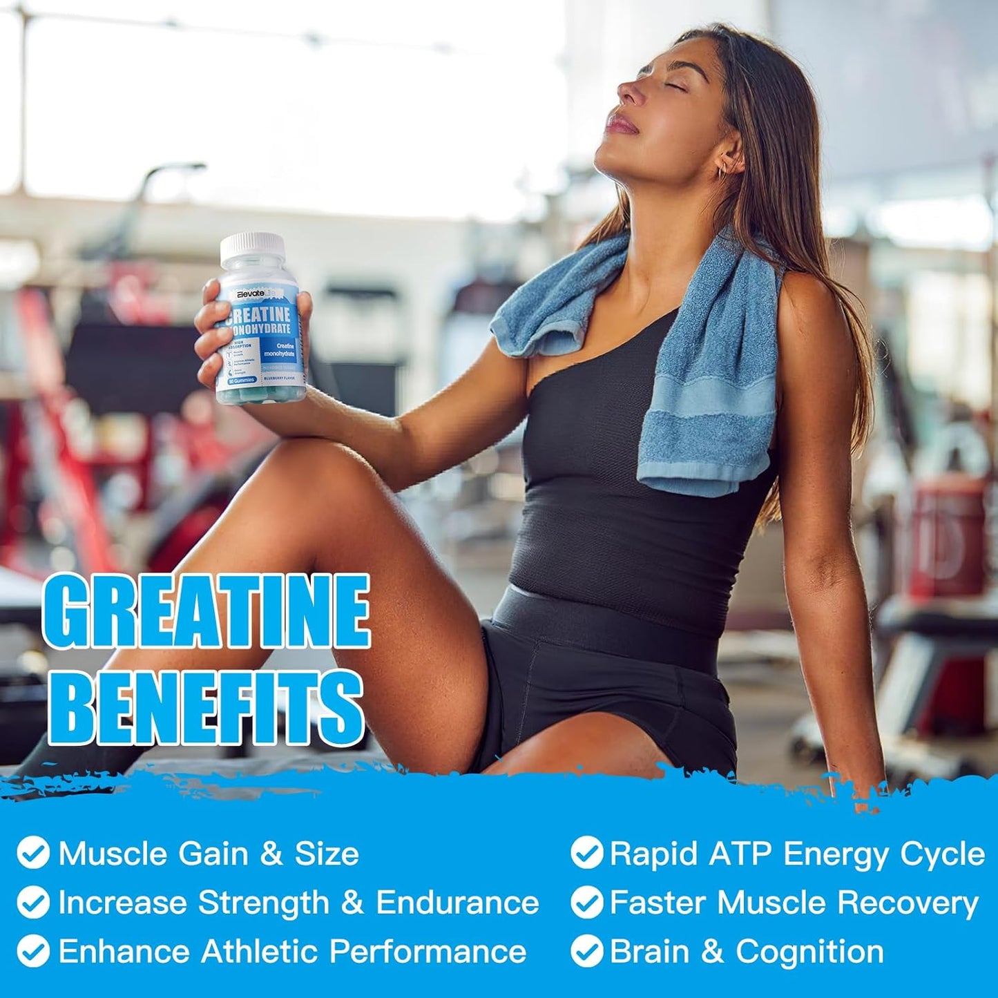 ElevateLife 5000mg Creatine Monohydrate Gummies for Muscle Strength, Energy Boost, Pre-Workout - Blueberry, 180ct