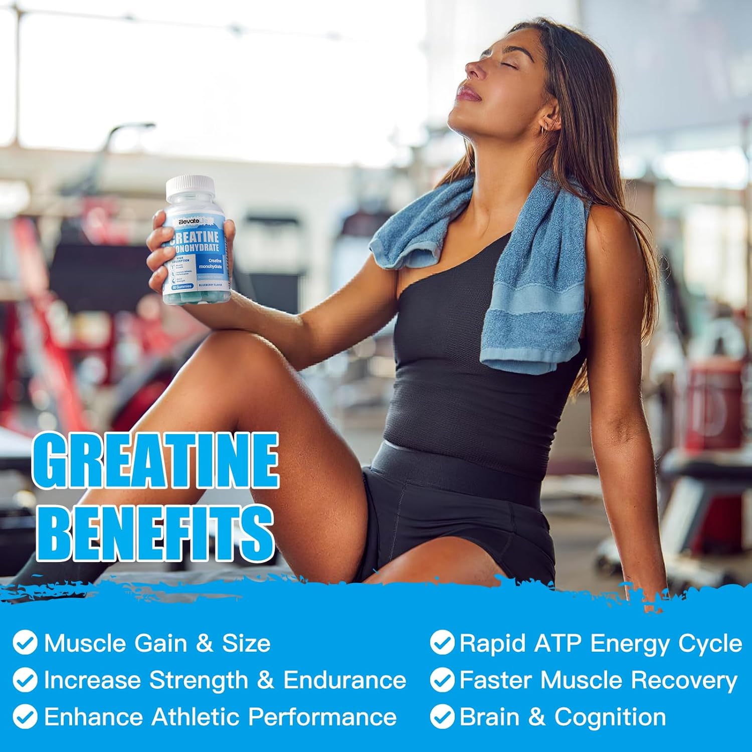 ElevateLife 5000mg Creatine Monohydrate Gummies for Muscle Strength, Energy Boost, Pre-Workout - Blueberry, 180ct