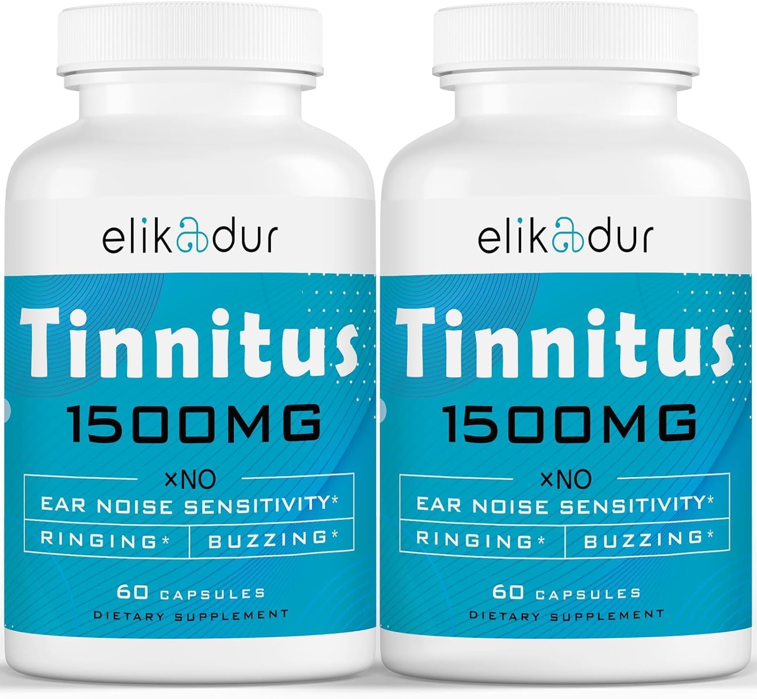 Elikadur 1500 MG Tinnitus Supplement for Ear Ringing Relief - Herbal Blend for Men & Women - 60 Capsules, 2-Pack