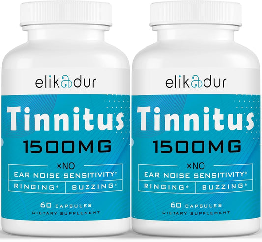 Elikadur 1500 MG Tinnitus Supplement for Ear Ringing Relief - Herbal Blend for Men & Women - 60 Capsules, 2-Pack