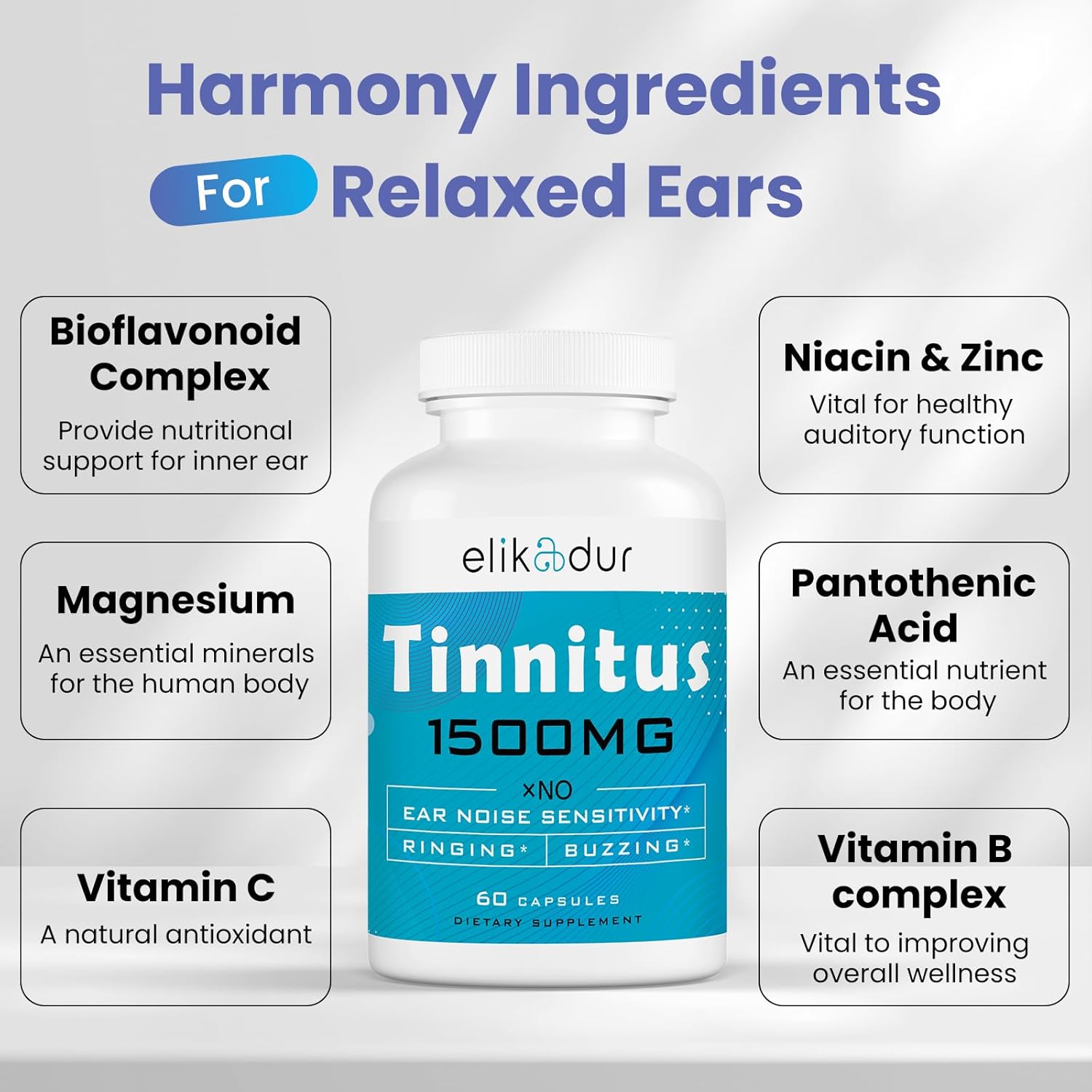 Elikadur 1500 MG Tinnitus Supplement for Ear Ringing Relief - Herbal Blend for Men & Women - 60 Capsules, 2-Pack