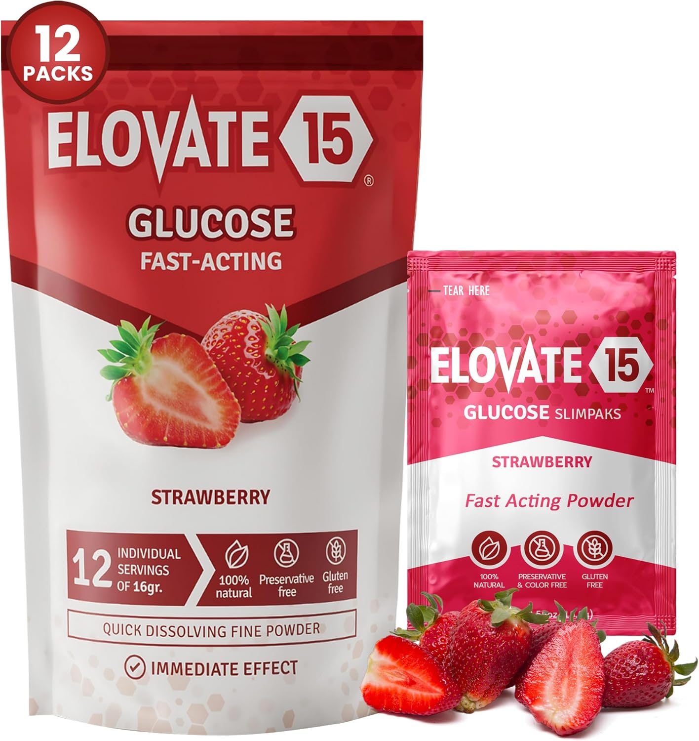 Elovate 15 Slimpaks Glucose Powder Sticks - Fast-Acting Alternative to Gels & Tablets - FSA/HSA Eligible - Natural Strawberry Flavor - Pack of 12