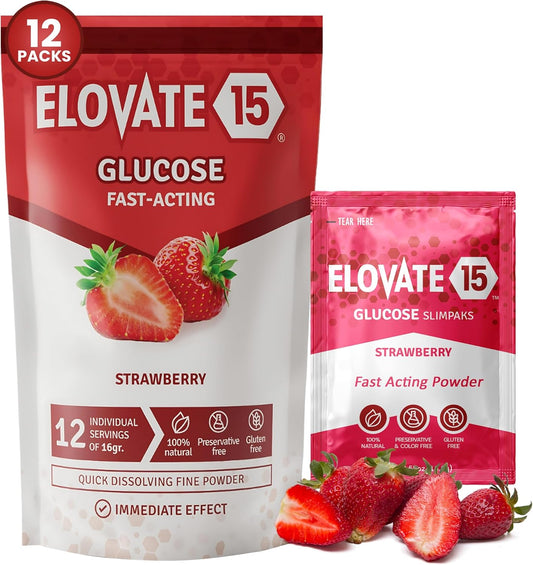 Elovate 15 Slimpaks Glucose Powder Sticks - Fast-Acting Alternative to Gels & Tablets - FSA/HSA Eligible - Natural Strawberry Flavor - Pack of 12