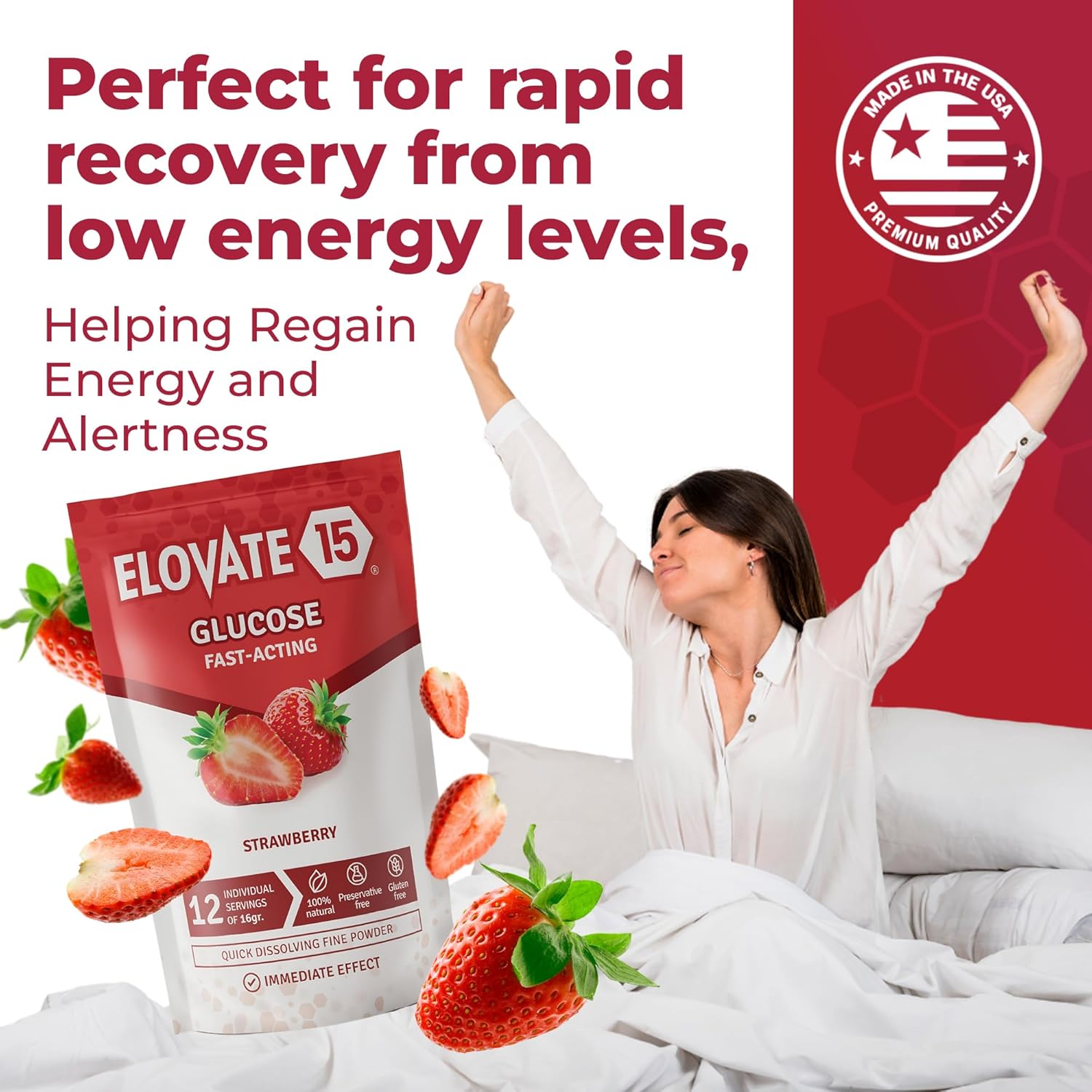 Elovate 15 Slimpaks Glucose Powder Sticks - Fast-Acting Alternative to Gels & Tablets - FSA/HSA Eligible - Natural Strawberry Flavor - Pack of 12