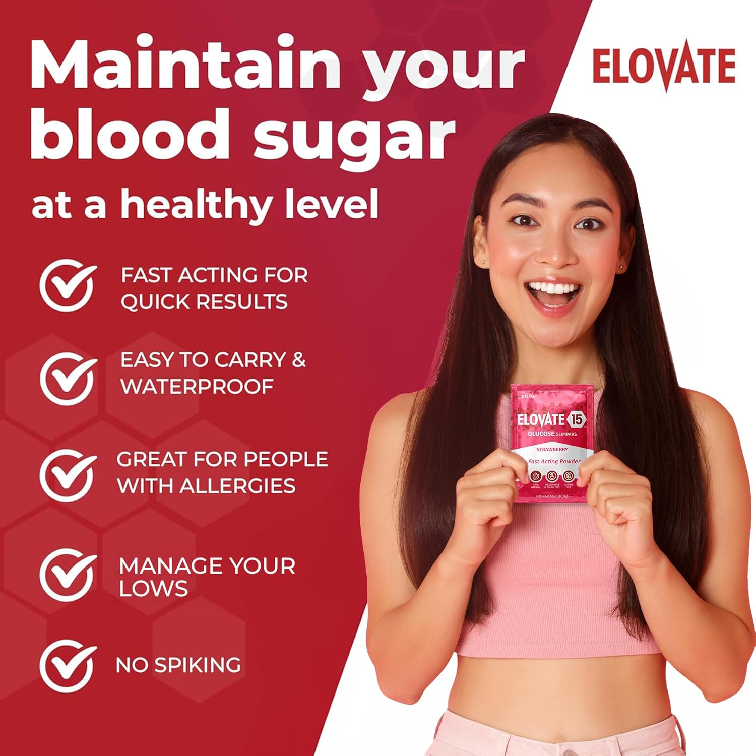 Elovate 15 Slimpaks Glucose Powder Sticks - Fast-Acting Alternative to Gels & Tablets - FSA/HSA Eligible - Natural Strawberry Flavor - Pack of 12