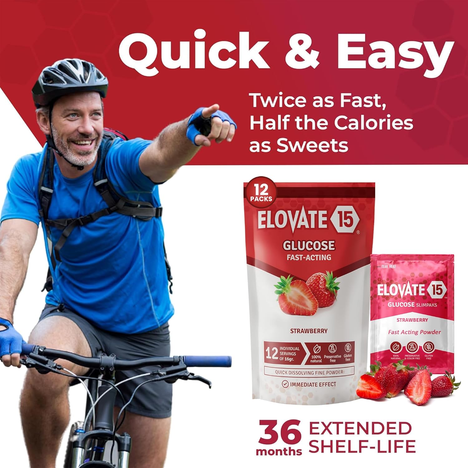 Elovate 15 Slimpaks Glucose Powder Sticks - Fast-Acting Alternative to Gels & Tablets - FSA/HSA Eligible - Natural Strawberry Flavor - Pack of 12