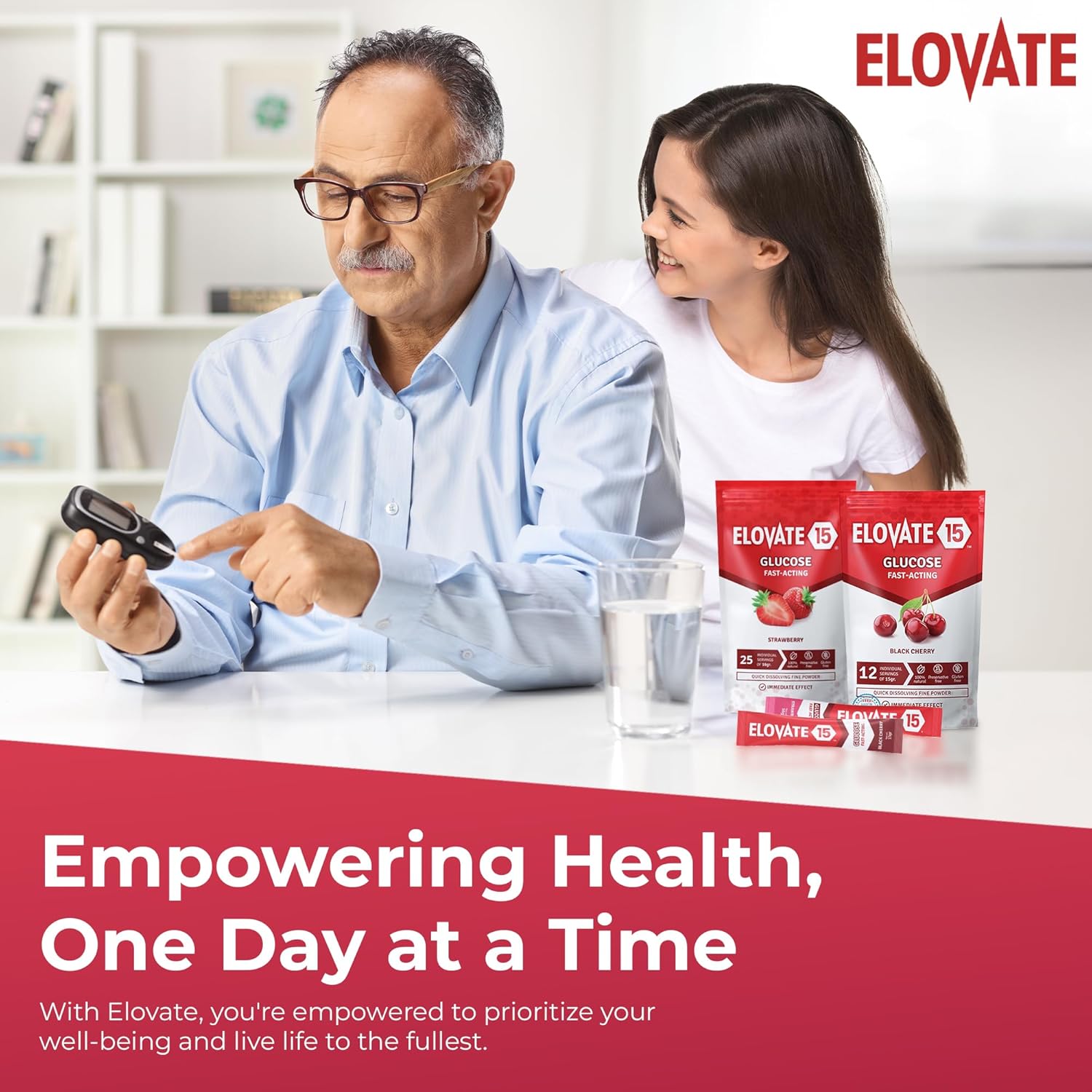 Elovate 15 Slimpaks Glucose Powder Sticks - Fast-Acting Alternative to Gels & Tablets - FSA/HSA Eligible - Natural Strawberry Flavor - Pack of 12