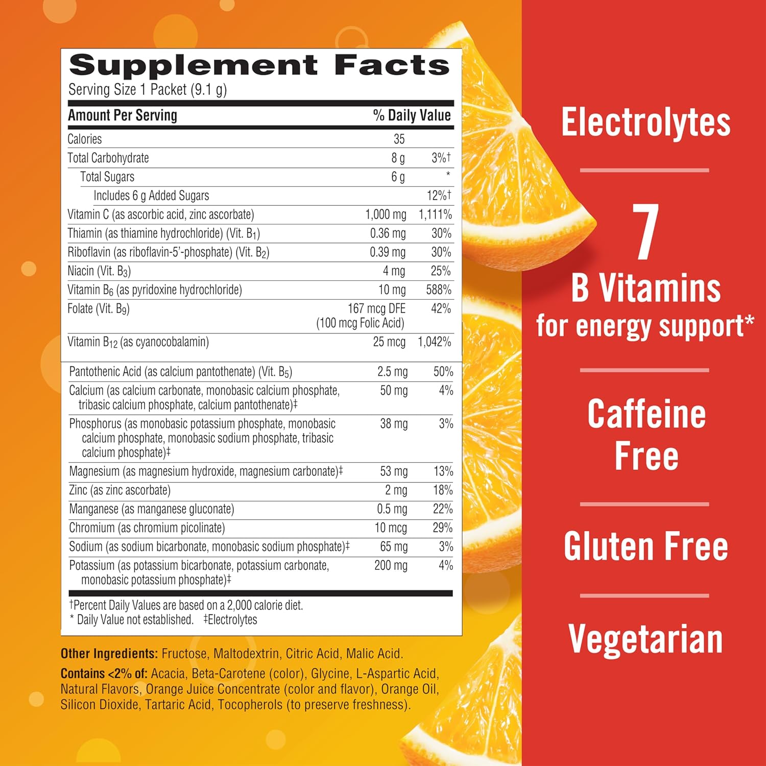 Emergen-C 1000mg Caffeine Free Vitamin C Powder with Zinc, B Vitamins, and Electrolytes - Super Orange Flavor - 90 Count