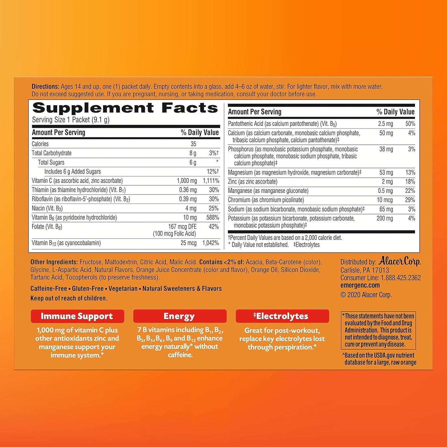 Emergen-C 1000mg Vitamin C Powder with Zinc, B Vitamins, and Electrolytes - Super Orange Flavor - 60 Count