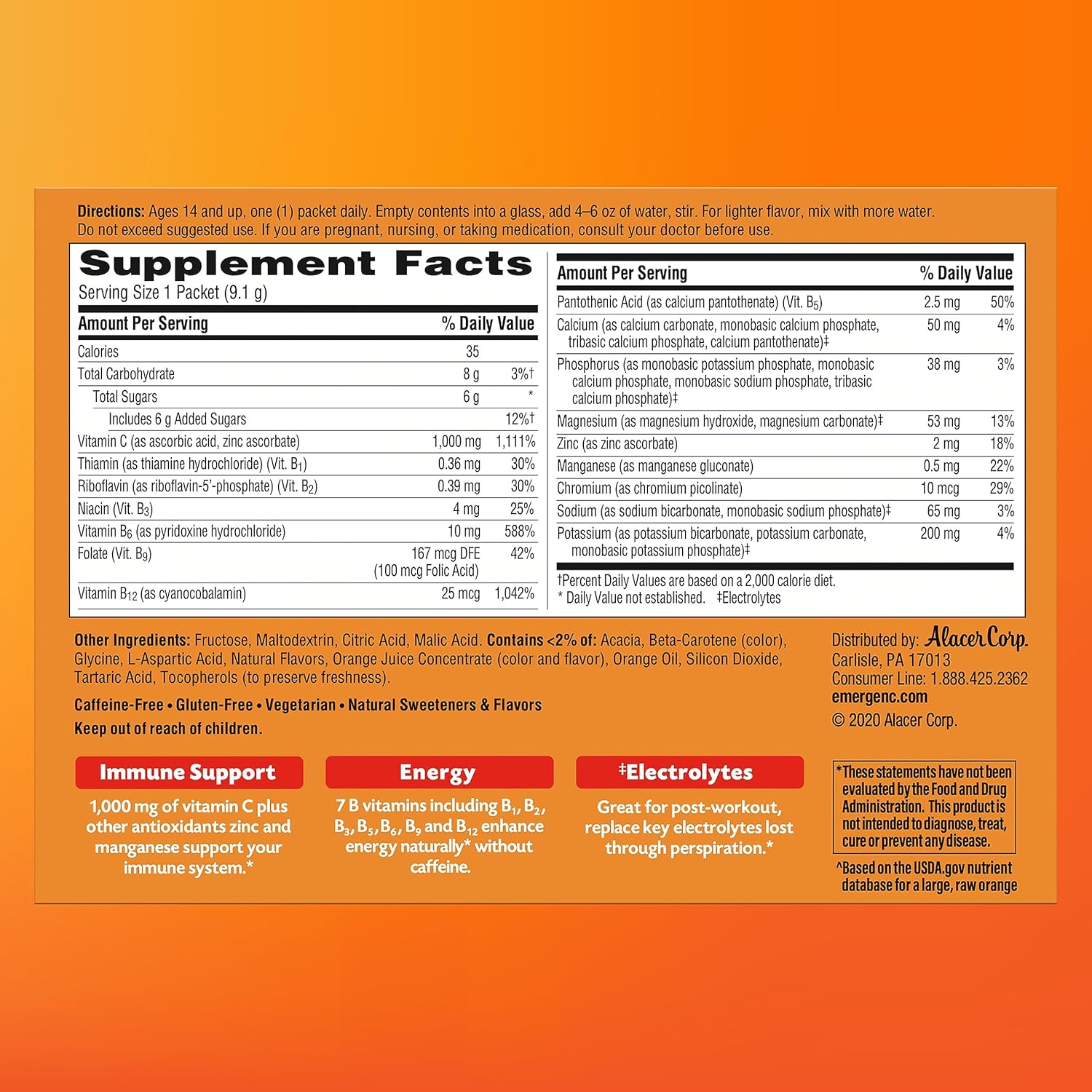 Emergen-C 1000mg Vitamin C Powder with Zinc, B Vitamins, and Electrolytes - Super Orange Flavor - 60 Count