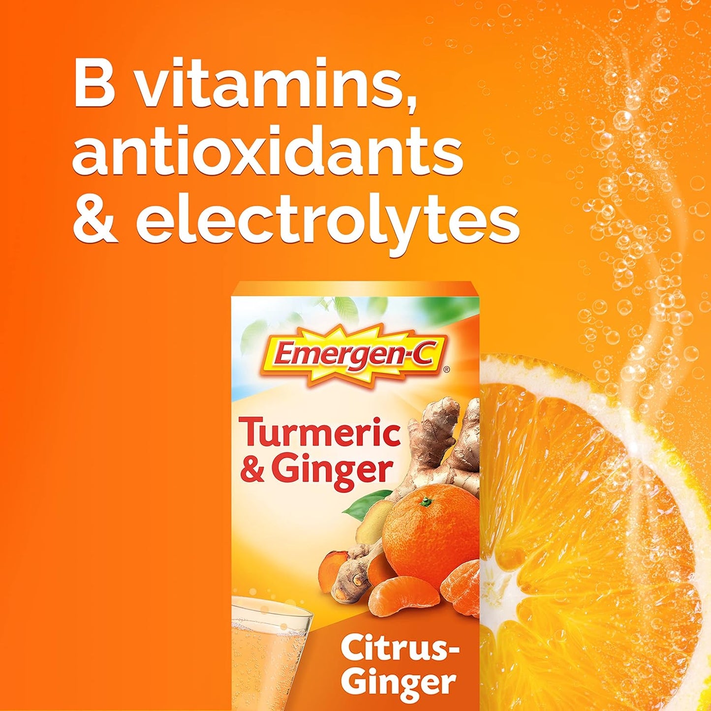 Emergen-C Citrus-Ginger Fizzy Drink Mix with Turmeric and Ginger, High Potency Vitamin C for Immune Support, 18 Count Pack