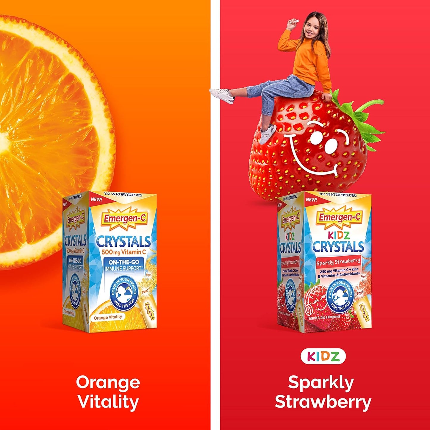 Emergen-C Crystals Orange Vitality - On-The-Go Immune Support Supplement with Vitamin C, B Vitamins, Zinc, and Manganese, 56 Stick Packs
