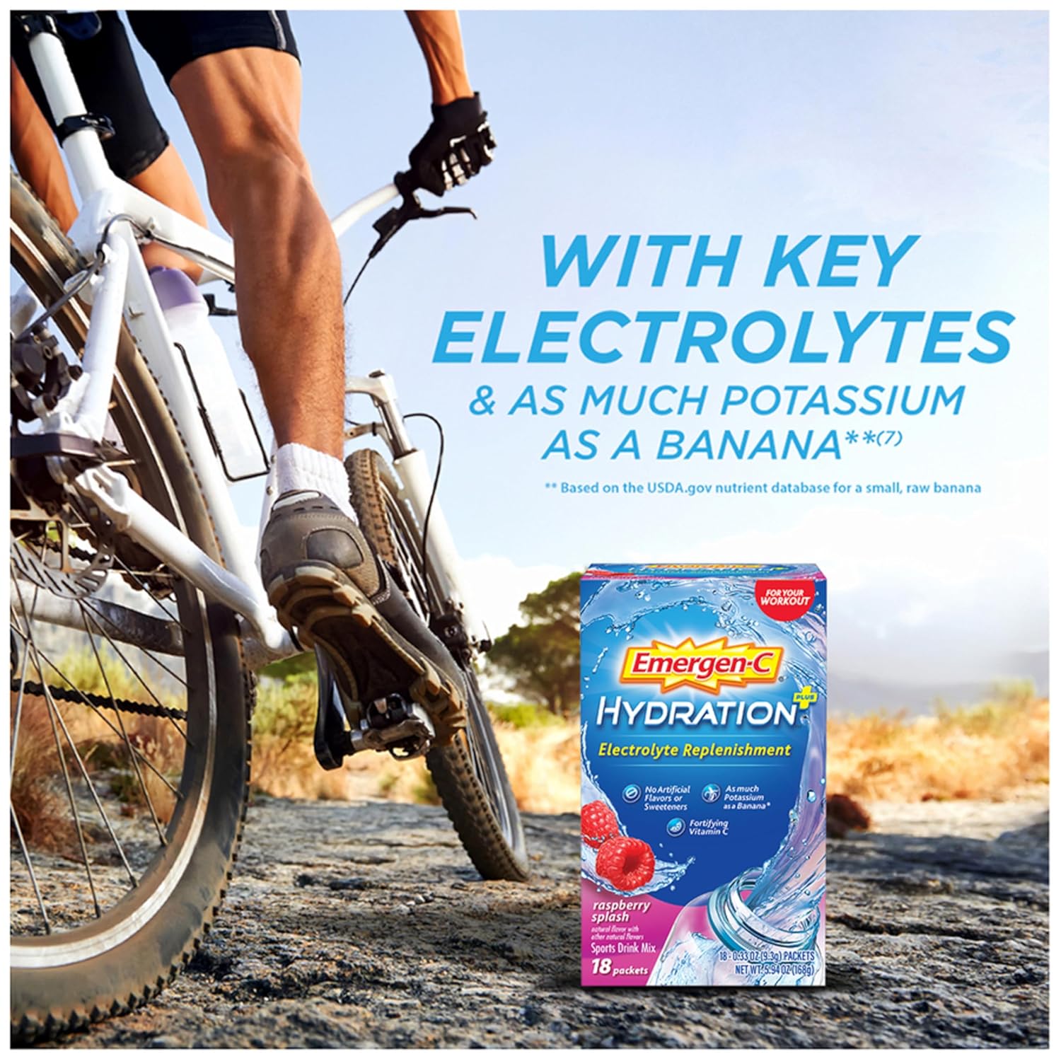 Emergen-C Hydration+ Sports Drink Mix, Raspberry Flavor, 18 Packets, Electrolyte Replenishment & Vitamin C