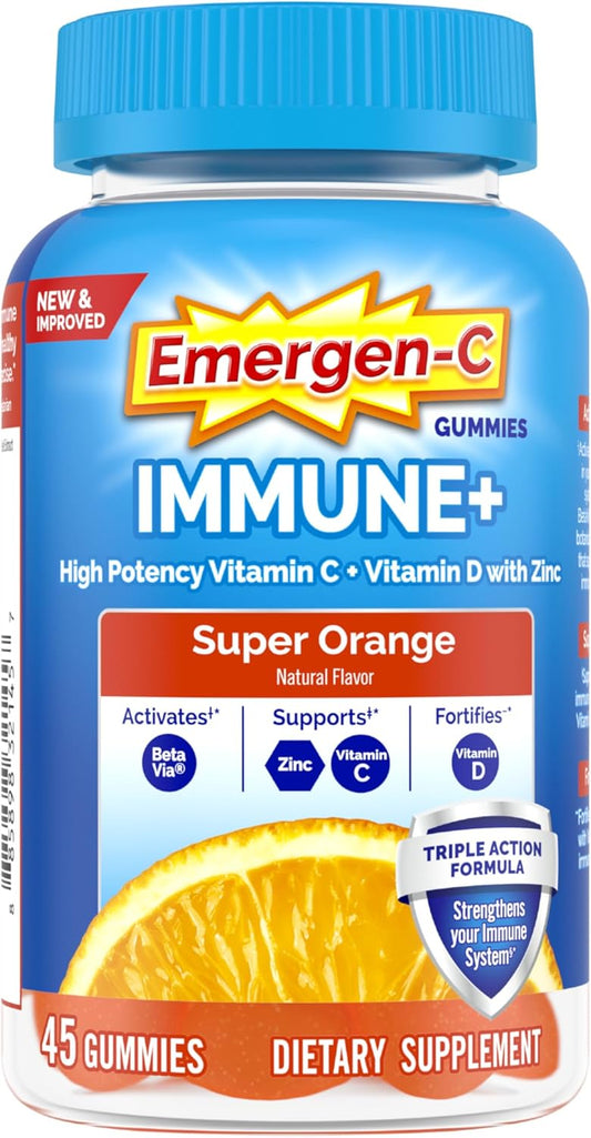 Emergen-C Immune+ Gummies with BetaVia, 1000mg Vitamin C, B Vitamins, Vitamin D, Antioxidants - Super Orange, 45 Count