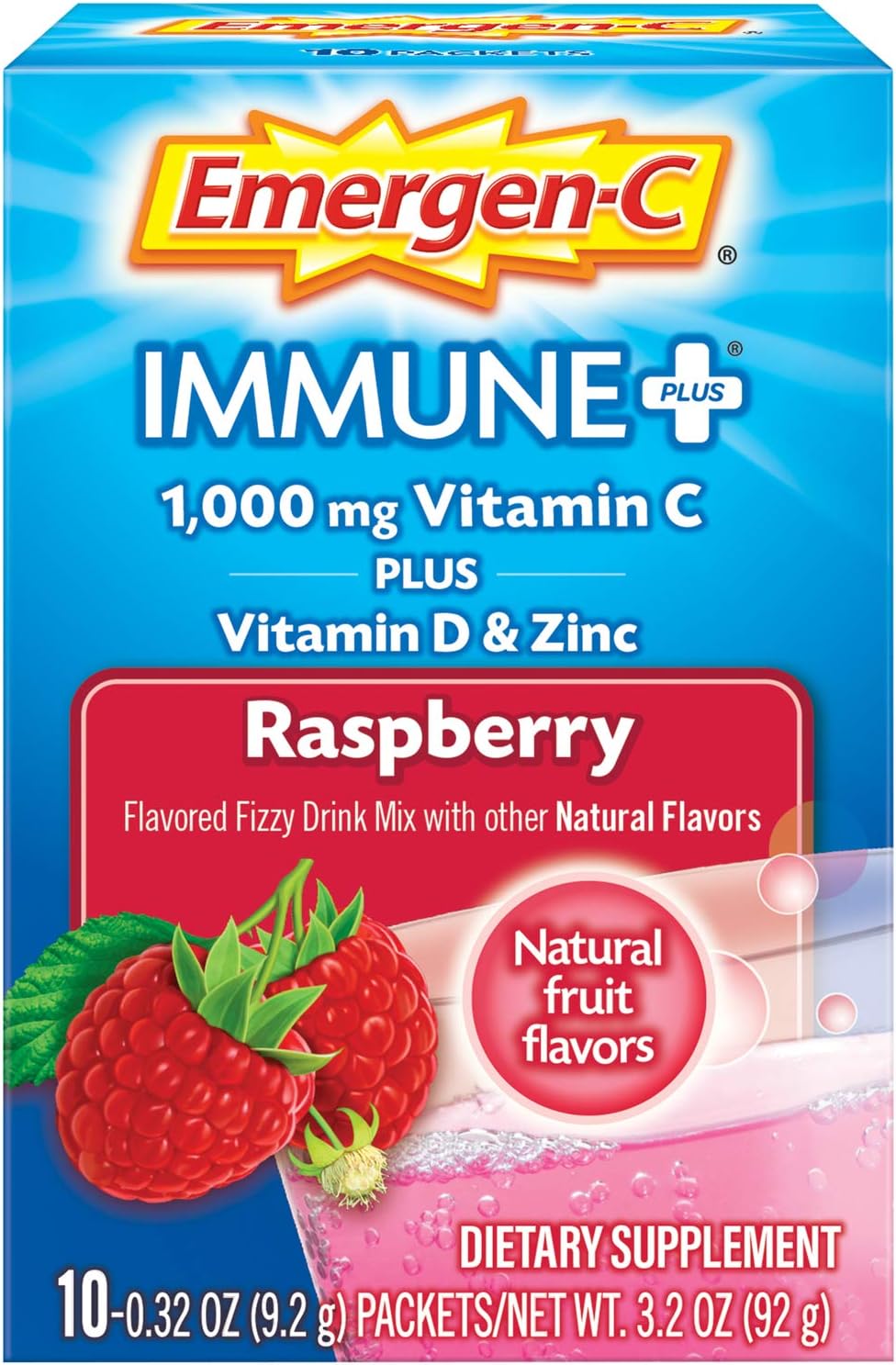 Emergen-C Immune+ Raspberry Fizzy Drink Mix with Vitamin D and Zinc - Pack of 10
