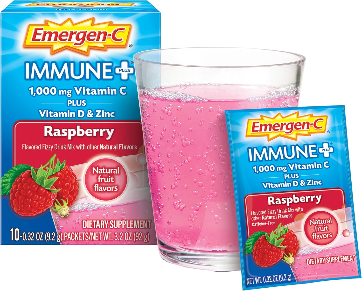 Emergen-C Immune+ Raspberry Fizzy Drink Mix with Vitamin D and Zinc - Pack of 10