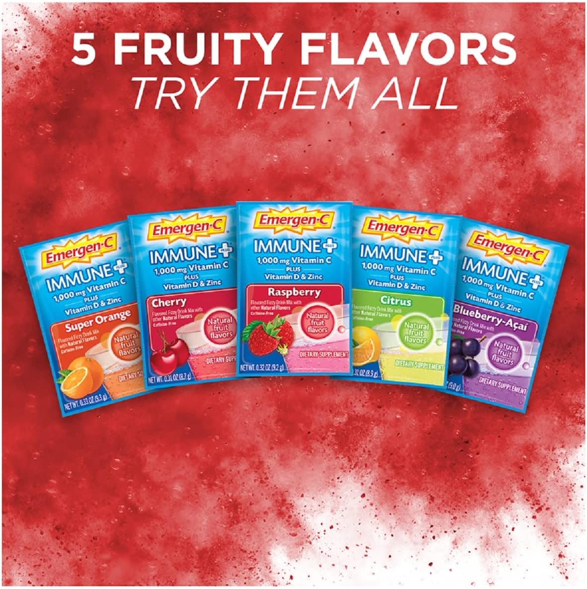 Emergen-C Immune+ Raspberry Fizzy Drink Mix with Vitamin D and Zinc - Pack of 10