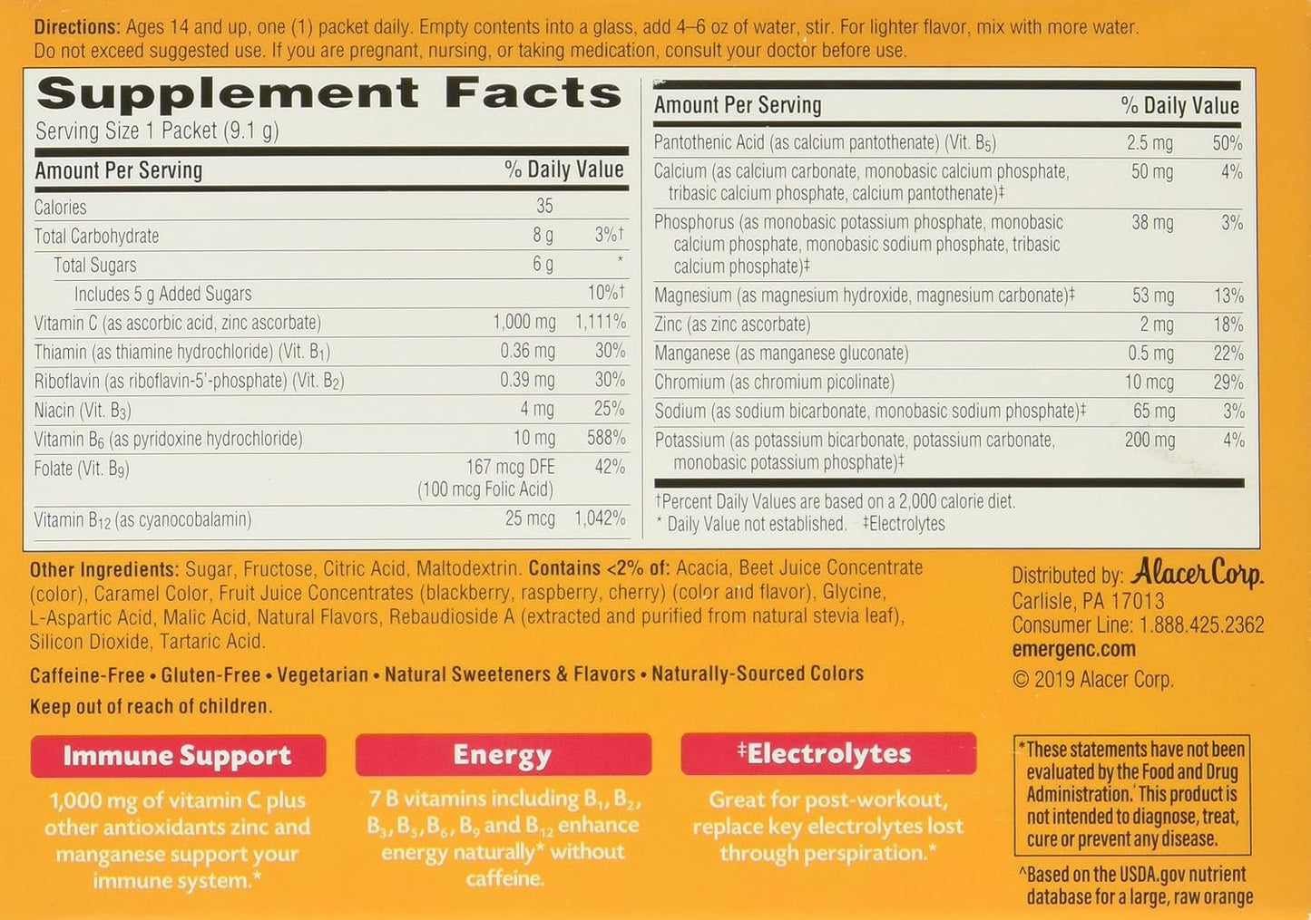 Emergen-C Vitamin C 1000mg Dietary Supplement Drink Mix, Super Orange Flavor, 30 Count Packets