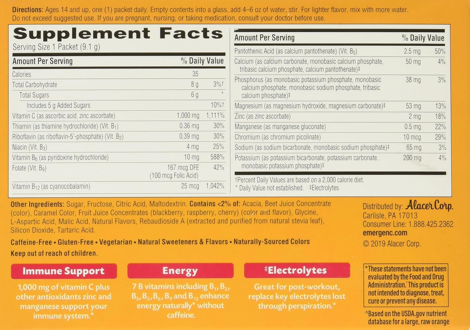 Emergen-C Vitamin C 1000mg Dietary Supplement Drink Mix, Super Orange Flavor, 30 Count Packets