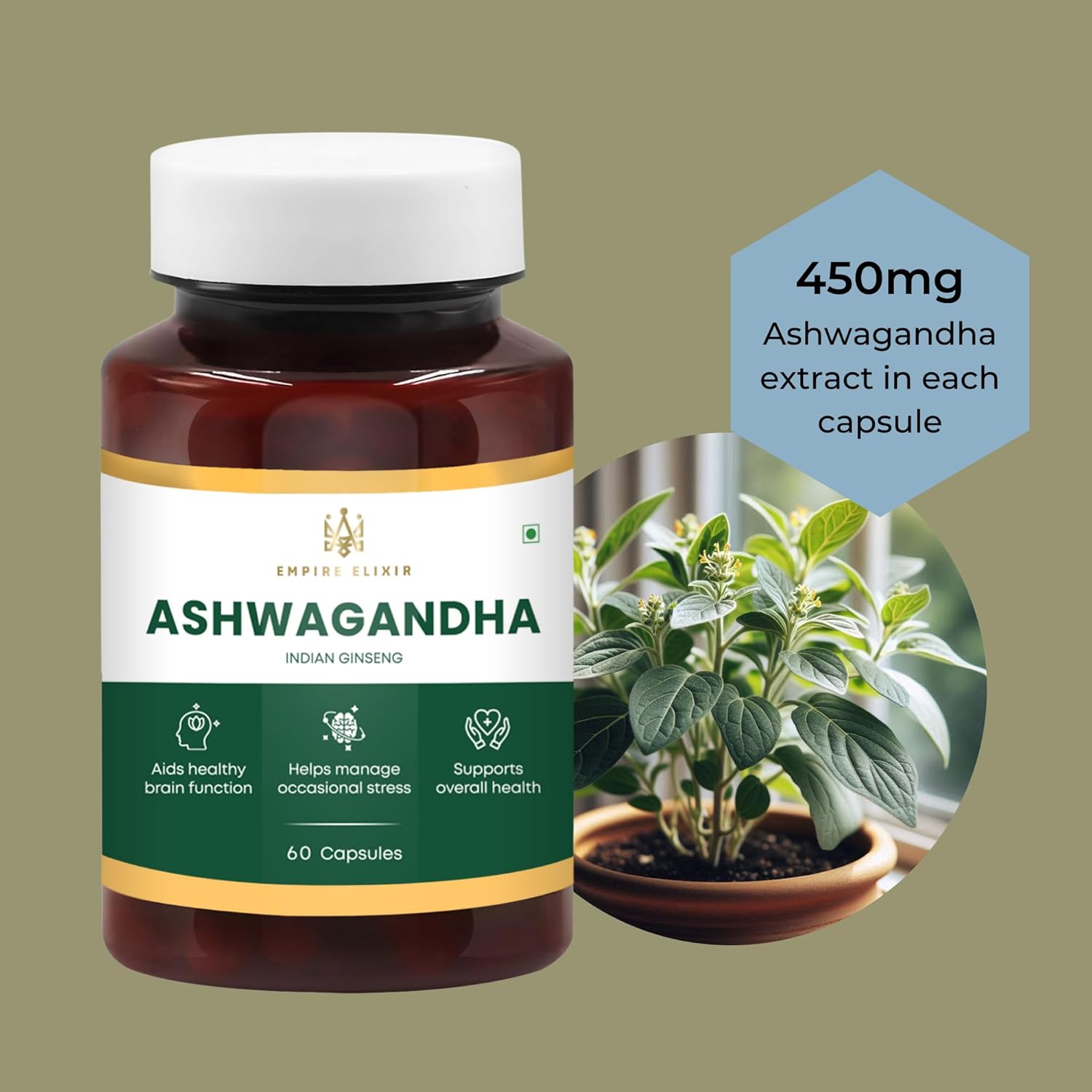 Empire Elixir Ashwagandha Capsules - Energy and Immune Support for Men and Women - 450mg - 60 Capsules