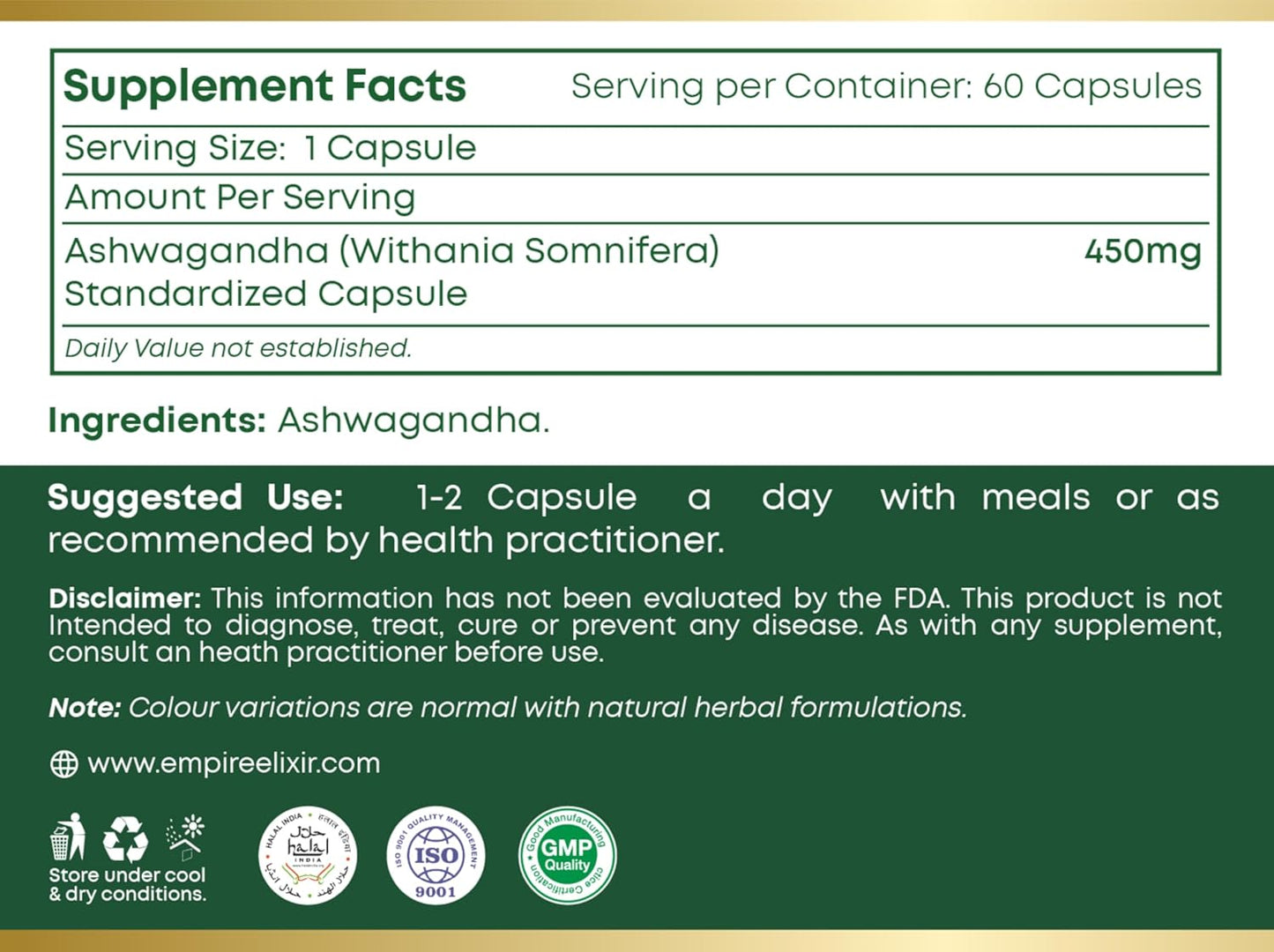 Empire Elixir Ashwagandha Capsules - Energy and Immune Support for Men and Women - 450mg - 60 Capsules