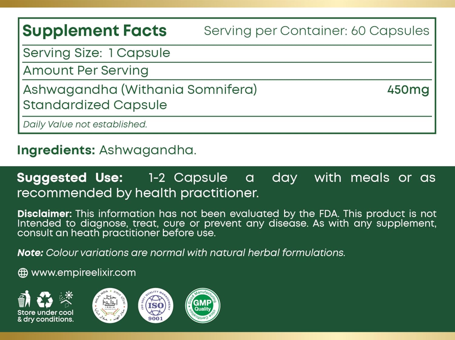 Empire Elixir Ashwagandha Capsules - Energy and Immune Support for Men and Women - 450mg - 60 Capsules