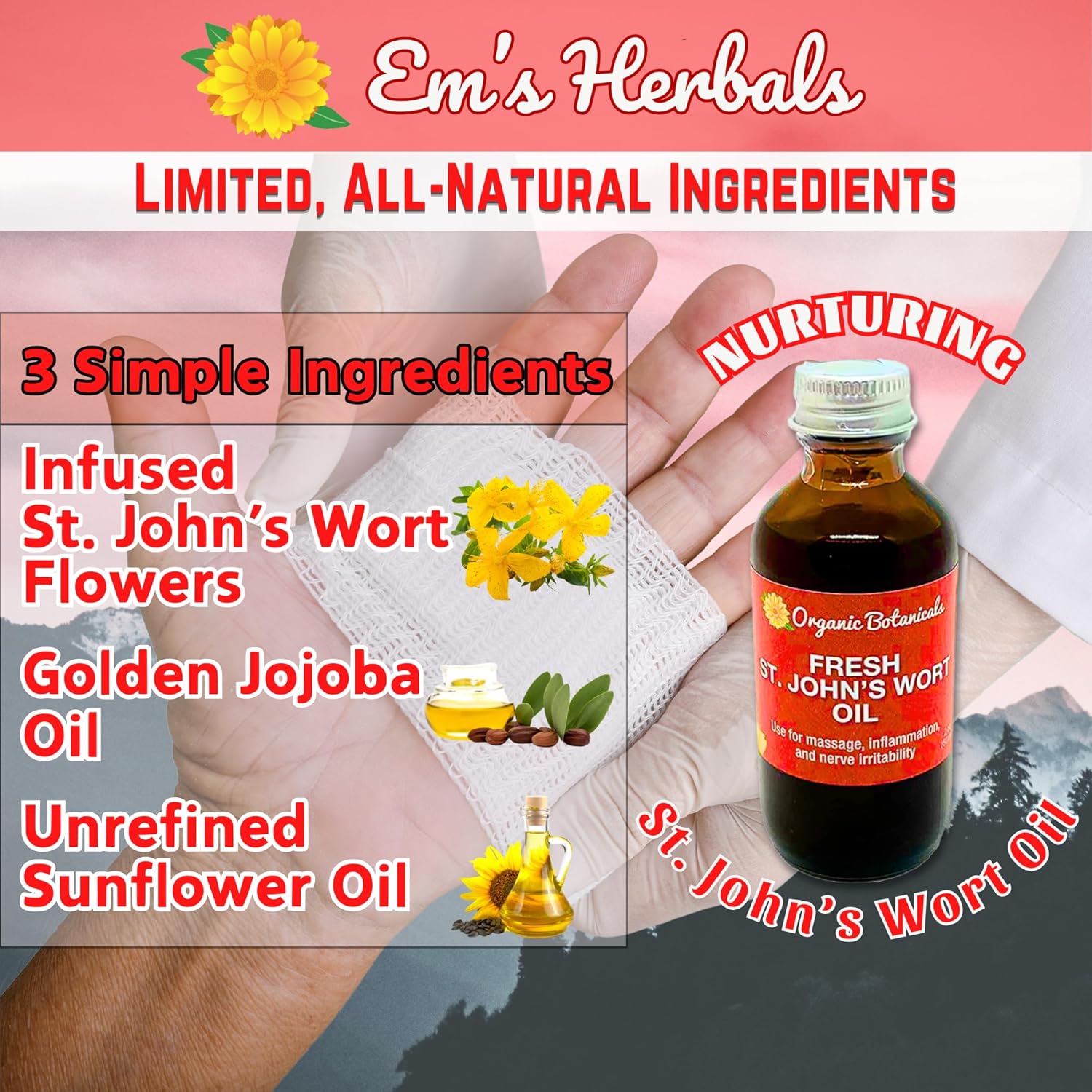 Em's Herbals St. John’s Wort Oil - Wild Harvested in USA for Nerve Discomfort, Skin Issues, Wound Care - 100% Natural Solution for Scars, Stretch Marks - Skin, Face, Body, Hair - 2 Oz