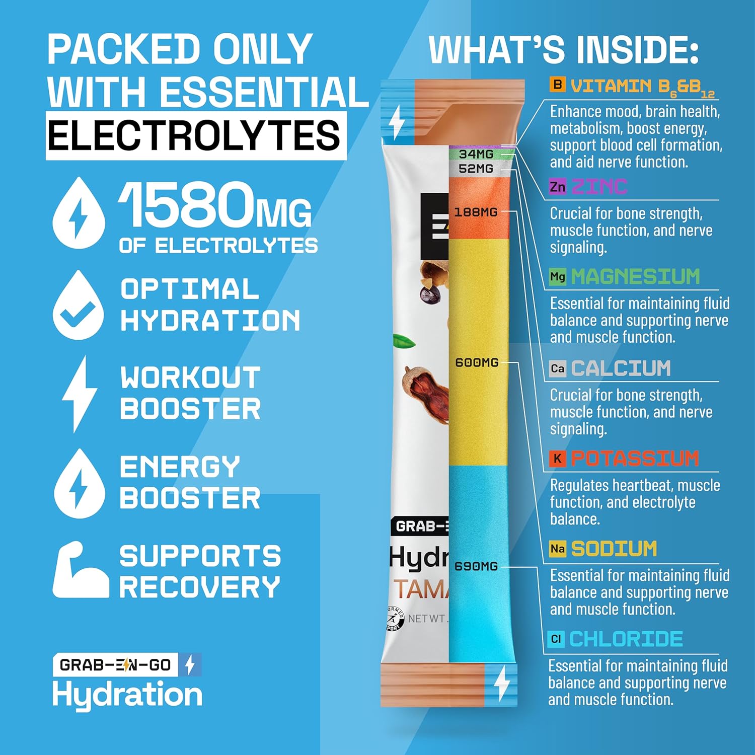 EN Sugar-Free Electrolytes Powder Packets - Keto Hydration Packets, Single-Serving Zero Calorie Electrolytes with Tamarind Flavor, Vegan, Non-GMO, Organic, Gluten-Free - 18 CT