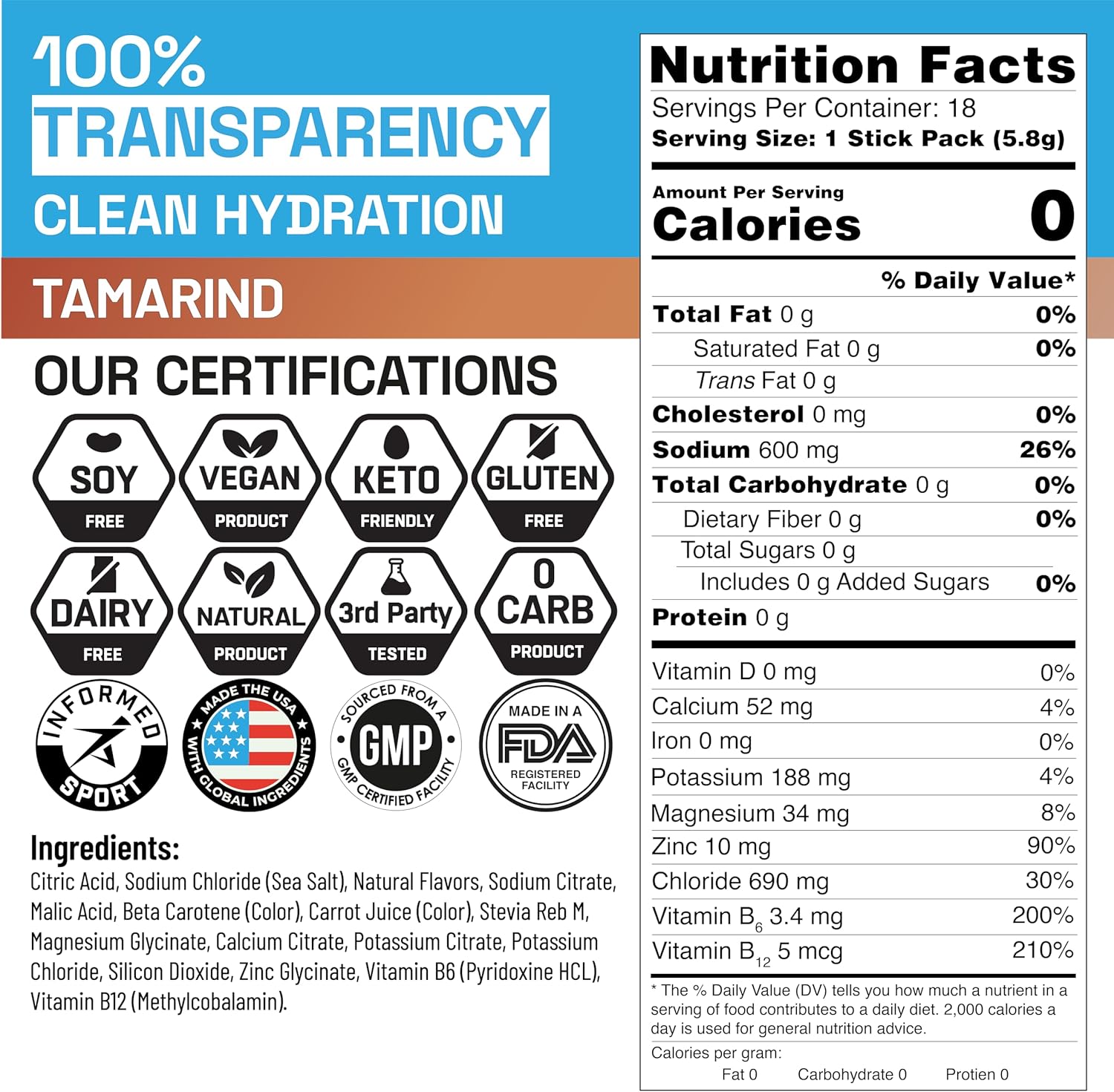 EN Sugar-Free Electrolytes Powder Packets - Keto Hydration Packets, Single-Serving Zero Calorie Electrolytes with Tamarind Flavor, Vegan, Non-GMO, Organic, Gluten-Free - 18 CT
