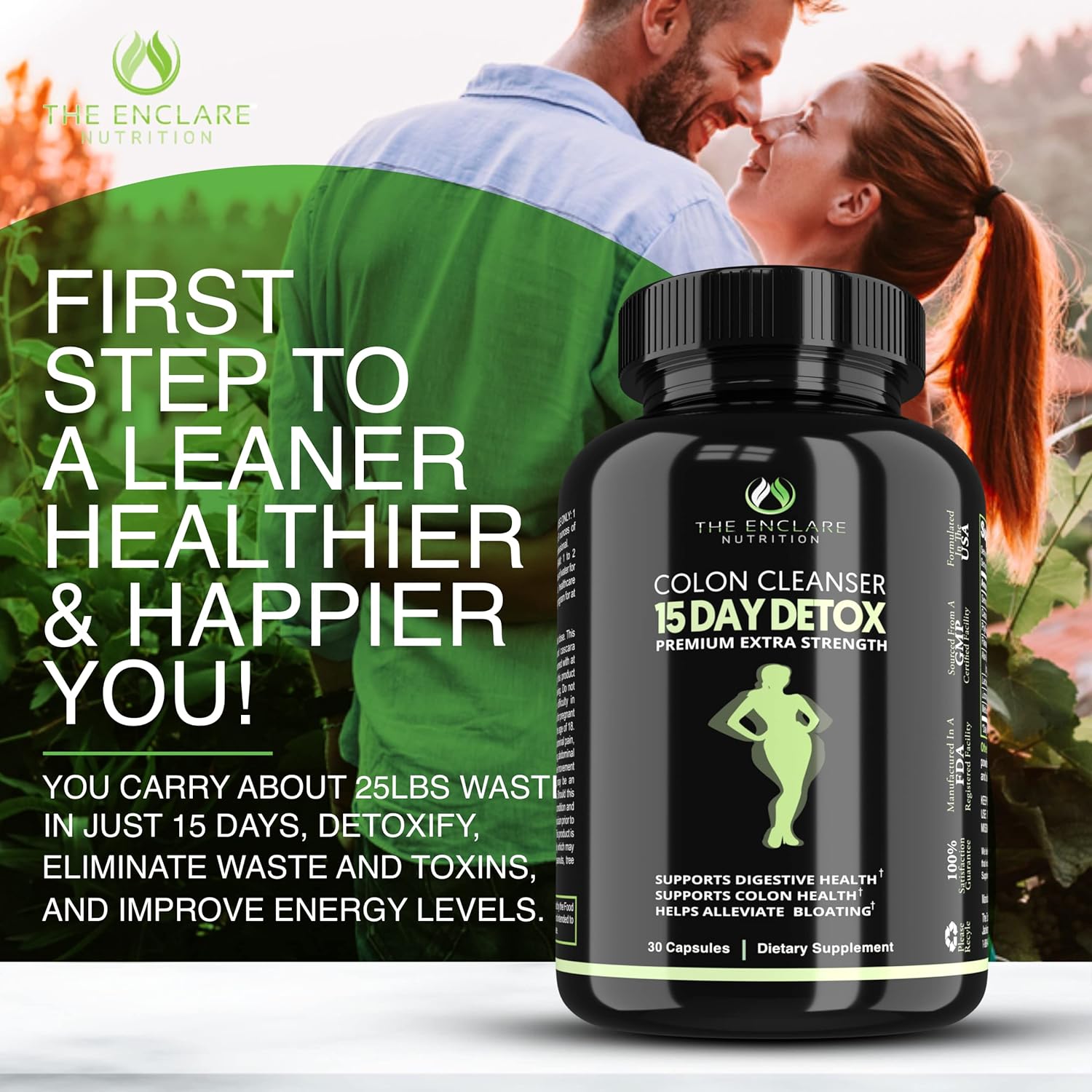 Enclare Nutrition Colon Cleanse: Fast-Acting Detox for Constipation Relief, Bloating, Probiotic, Fiber, Regularity, Energy - 2 Pills