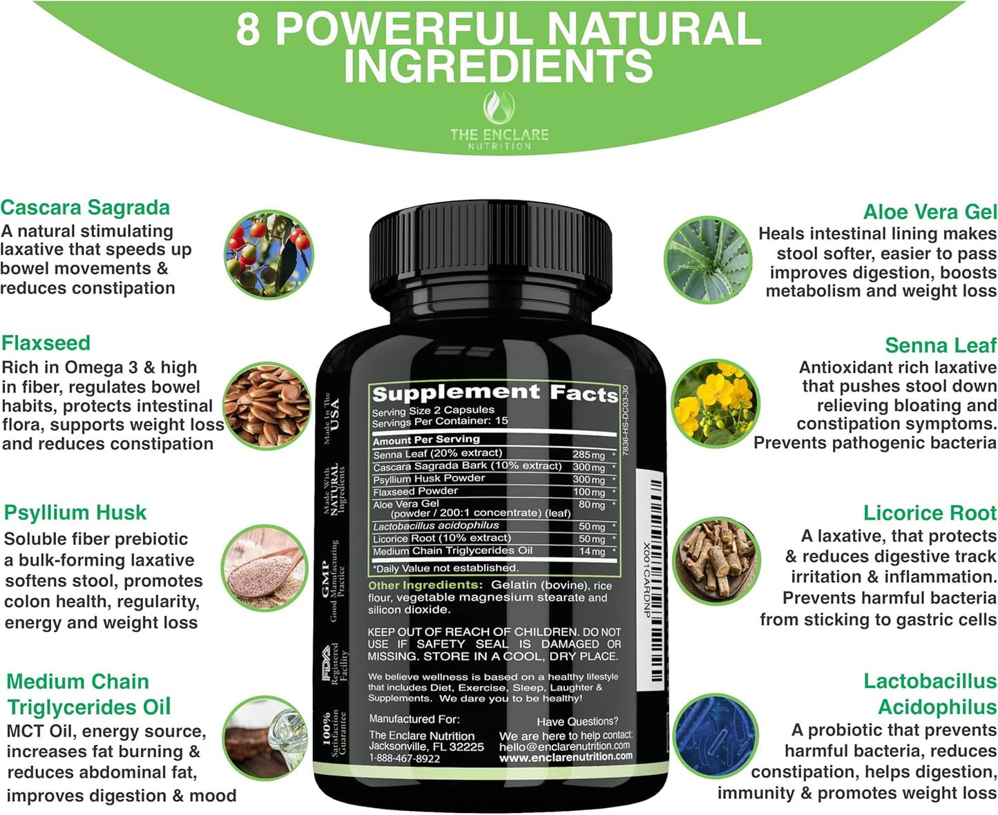 Enclare Nutrition Colon Cleanse: Fast-Acting Detox for Constipation Relief, Bloating, Probiotic, Fiber, Regularity, Energy - 2 Pills