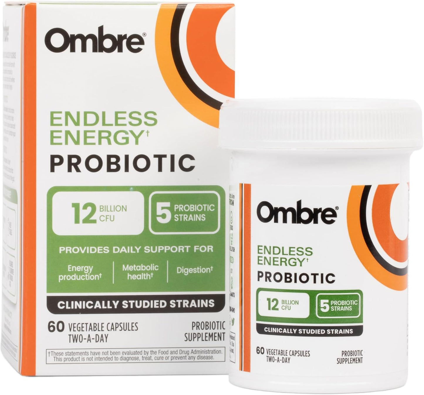 Endless Energy Probiotic Supplement with Ombre, 12 Billion CFU for Energy, Memory, Focus & Gut Health, Shelf-Stable - 30 Servings