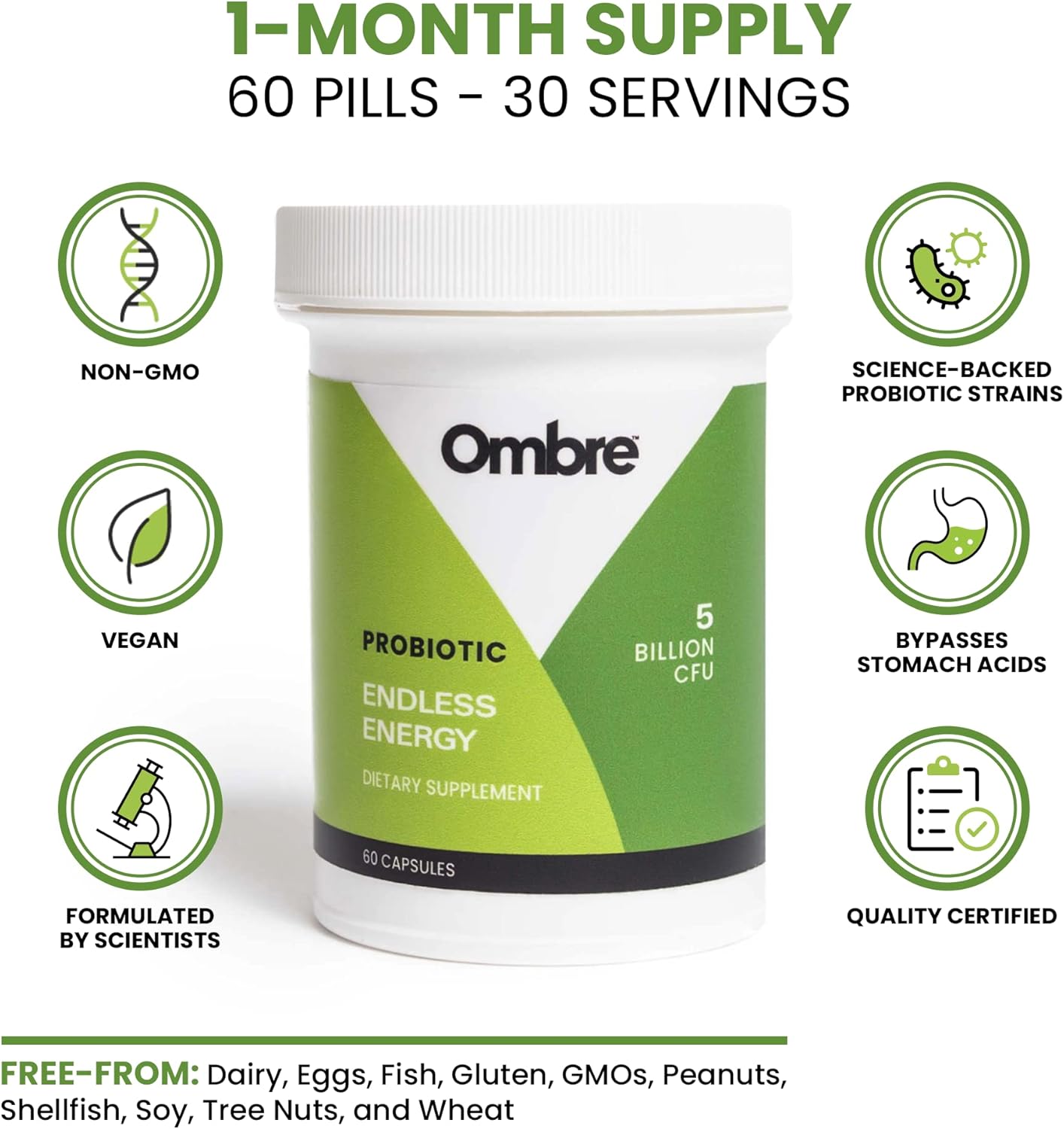 Endless Energy Probiotic Supplement with Ombre, 12 Billion CFU for Energy, Memory, Focus & Gut Health, Shelf-Stable - 30 Servings