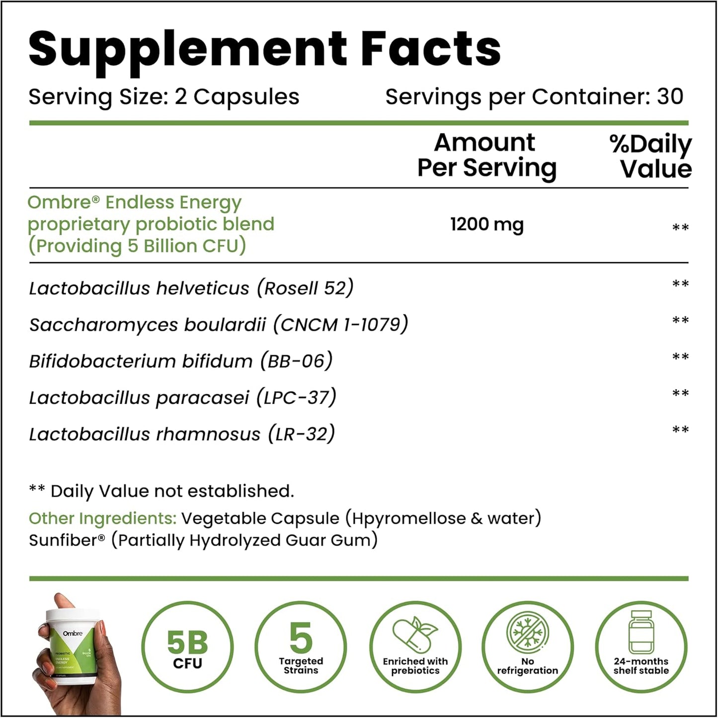 Endless Energy Probiotic Supplement with Ombre, 12 Billion CFU for Energy, Memory, Focus & Gut Health, Shelf-Stable - 30 Servings