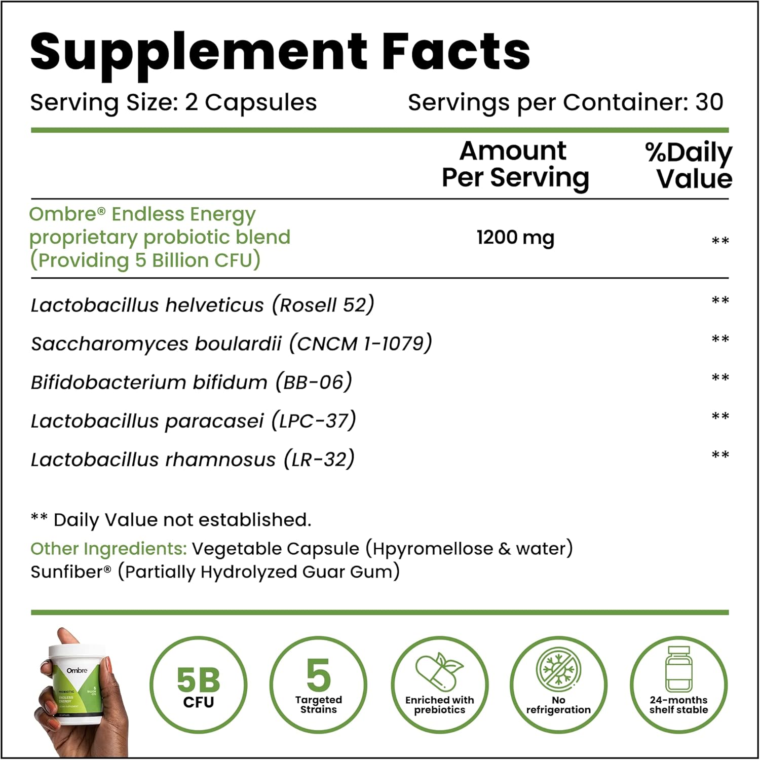 Endless Energy Probiotic Supplement with Ombre, 12 Billion CFU for Energy, Memory, Focus & Gut Health, Shelf-Stable - 30 Servings