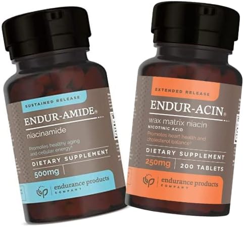 Endur-Amide 500mg NAD+ Niacinamide B3 & ENDUR-ACIN 250mg Niacin - Extended Release 200 Tablets for Optimal Absorption & Low-Flush