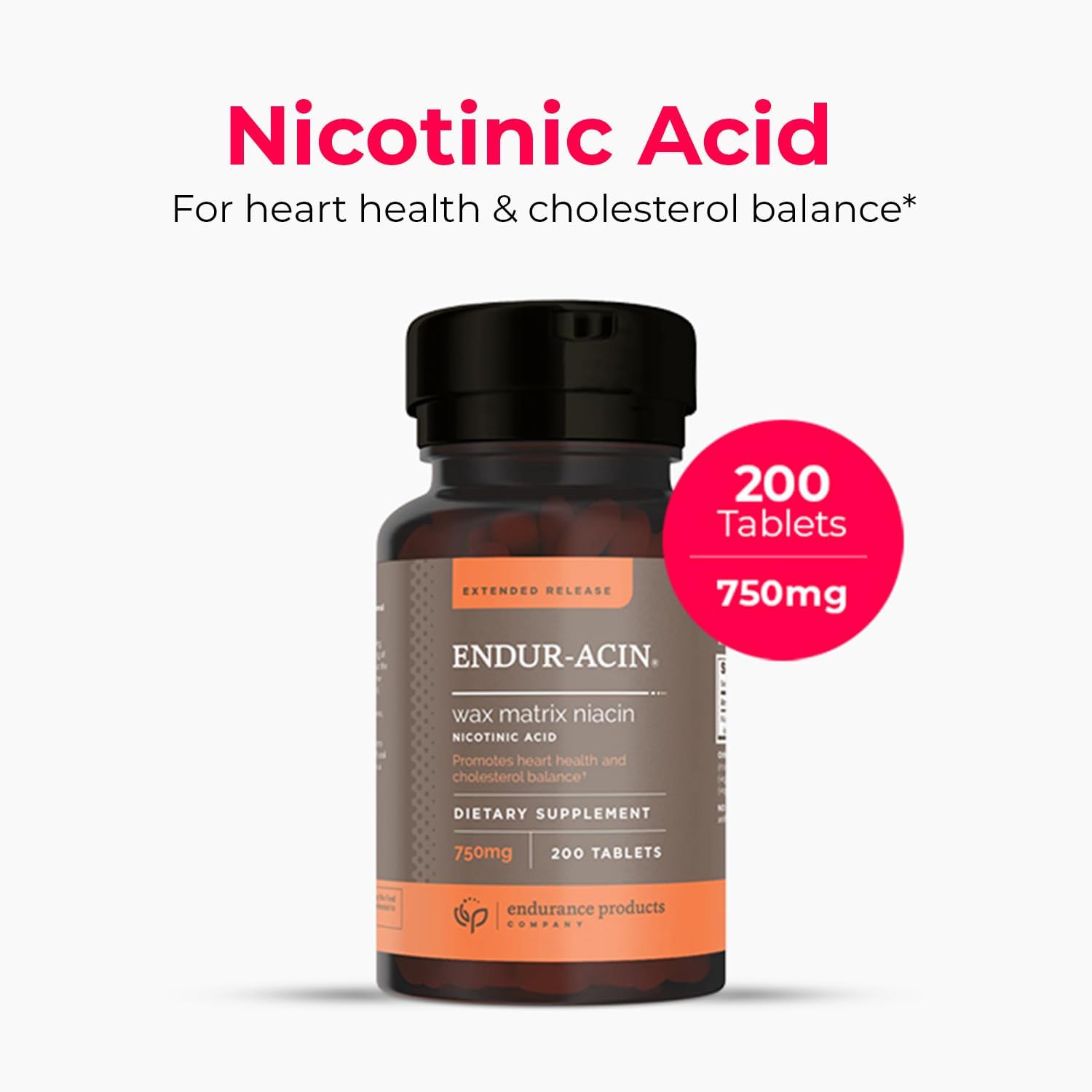 Endurance Products EndurAcin - Extended Release Niacin 750mg, 200 Tablets for Optimal Absorption & Low-Flush, Non-GMO, Vegan, Gluten Free
